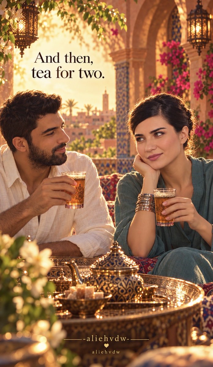 AlieHeidema's tweet photo. 🍵September 27, 2026🍃🫖🍵

🌹 🍵A Glass Between Two Stories🫖

🖤🤍
He raises a little glass. She pours tea somewhere else, beneath the Marrakech sun. The camera gives us two separate moments. Our imagination pulls up one table between them.

🖤🤍
“Bonjour ✨”
“Avec sucre… bien sûr.”
We have to smile. As if the tea needs sugar when their glances have already made the story this sweet.

🖤🤍
Then everything grows quiet. Behind that playful glass is what keeps drawing us back: how little it can take for distance to disappear for a moment. A gesture. A smile. Tea being poured while we can almost see who is sitting across from her.

🖤🤍
Whatever truly lives between them belongs to them. But this little story, resting for a moment between two glasses, is ours to hold with a smile.
❤️❤️

© AlieHeidema❤️❤️ 
@enginakyurek
@tubabustun.official

#EnginAkyurek
#TubazBuyukustun
#EnTu