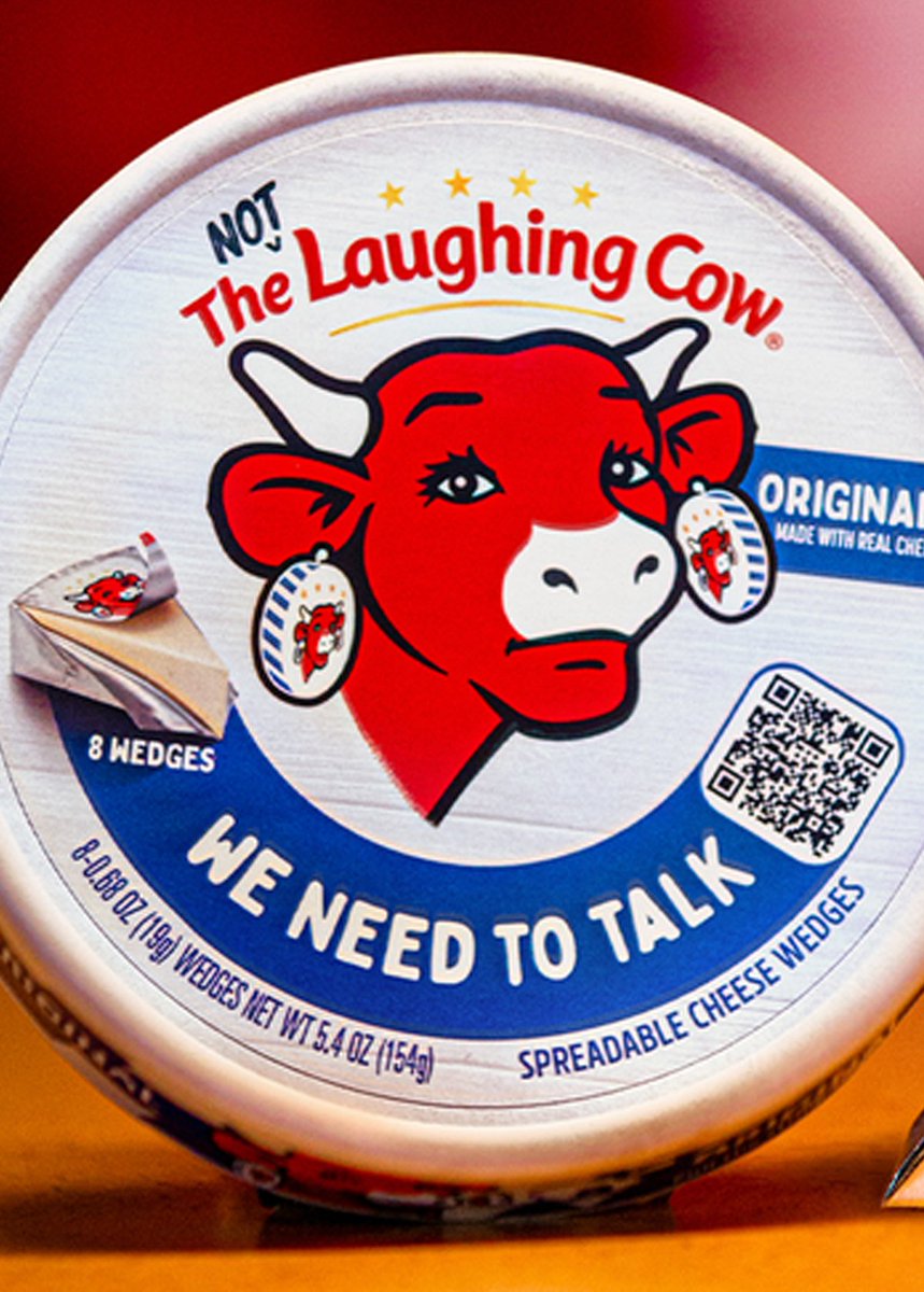InternetH0F's tweet photo. The Laughing Cow has stopped laughing on its packaging for the first time since 1921, with select packages now featuring a serious-faced mascot and the cryptic message "We need to talk"

The brand has given no explanation yet, simply saying she will explain "when she's ready" https://t.co/SjoZvsCreO