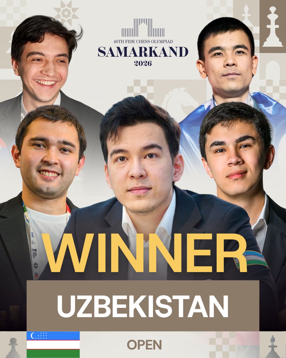 FIDE_chess's tweet photo. 🇺🇿 Uzbekistan wins the 46th FIDE Chess Olympiad! 🏆♟️

#ChessOlympiad https://t.co/JVbURBq1Ew