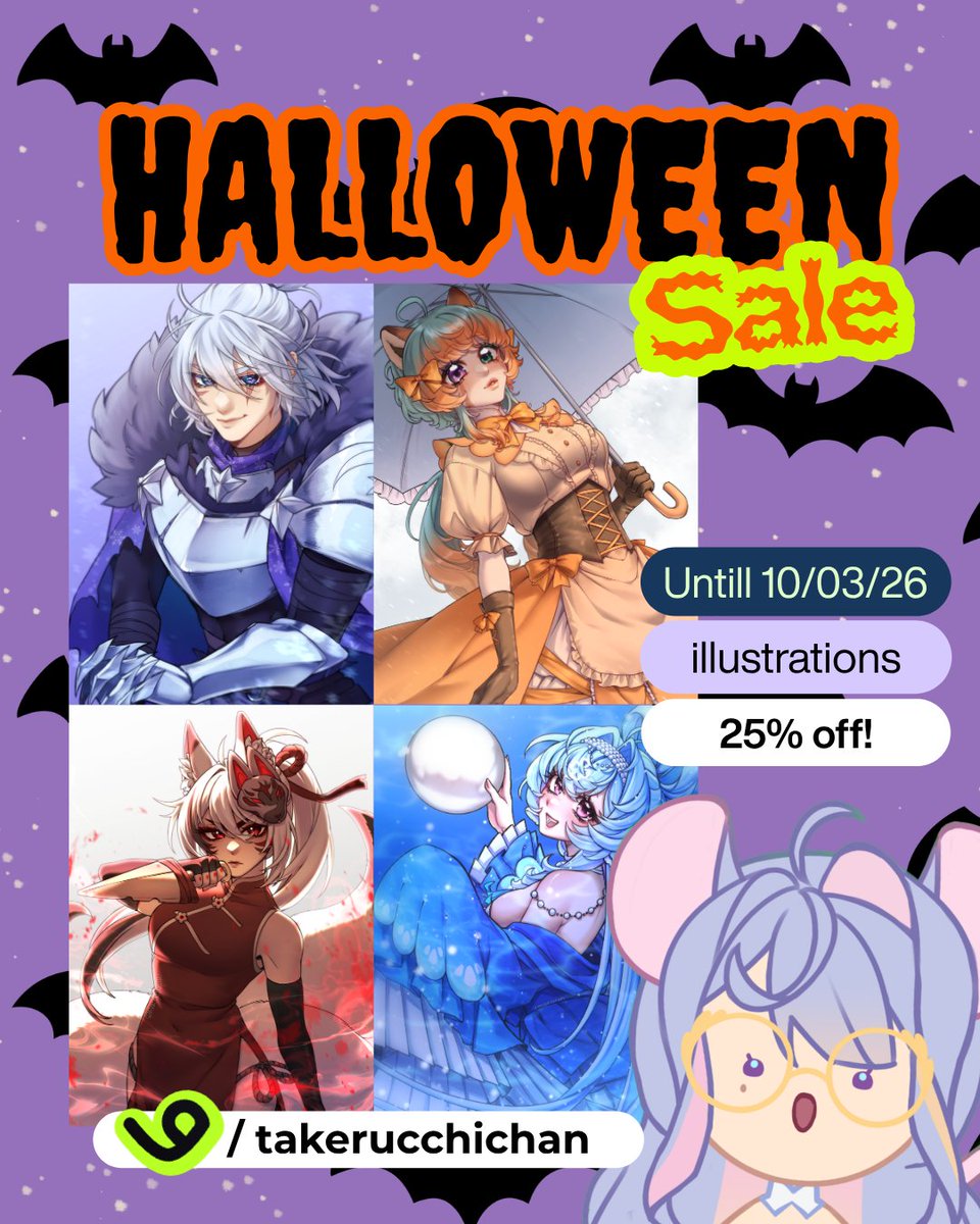 NezumiKumomi's tweet photo. Time for a little sale on all of my illustrations~! 
25% off on everything - including all fees! 🎃🎃🎃 https://t.co/VlXHEcuW9N