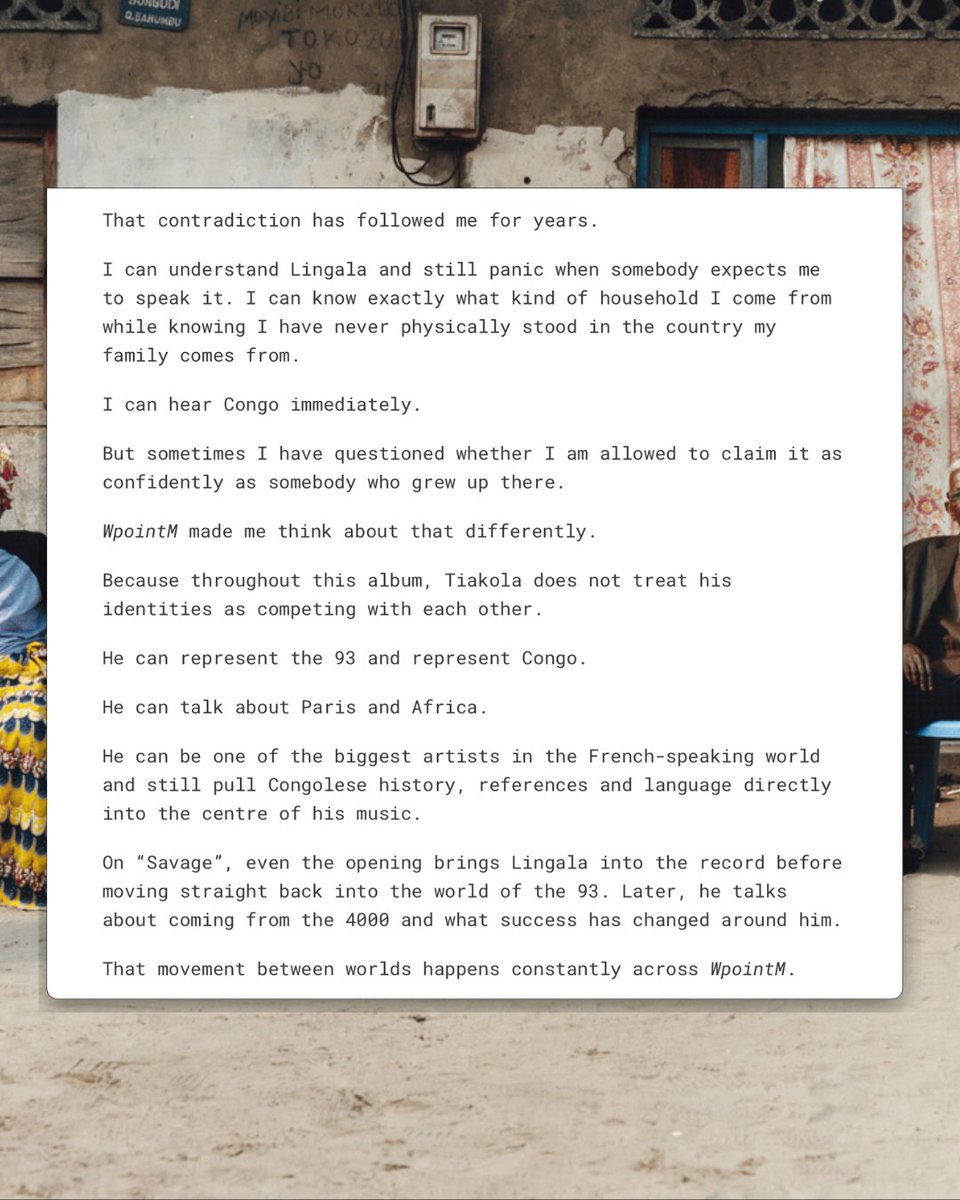 mimitheblogger's tweet photo. I’ve never been to Congo.

My French isn’t the best. I understand Lingala far better than I speak it.

So listening to Tiakola’s WpointM felt weirdly personal.

Two Congolese kids from the diaspora, him raised in France, me raised in London, both carrying a country in ways that don’t always look traditional.

Then add my cousin Gaetan executive producing the album and my friend Zaza at Sony being part of the project too. Yeah, this one is close to home.

Not really an album review.

More of a love letter to Congo, diaspora, language, family and the strange feeling of knowing exactly where you’re from, even when you’ve never been there.

New Substack.

https://t.co/6AL7UcjAji
