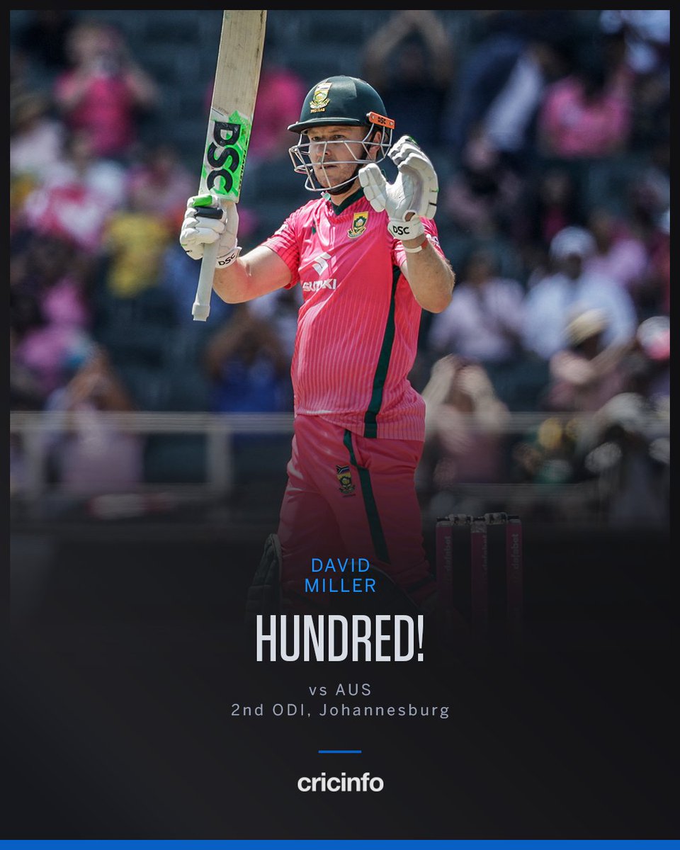 cricinfo's tweet photo. Double trouble for the Aussies 🤝

After Bavuma, it's David Miller's time to reach three figures, as he scores a 73-ball ton! https://t.co/FaCQQcpqgW