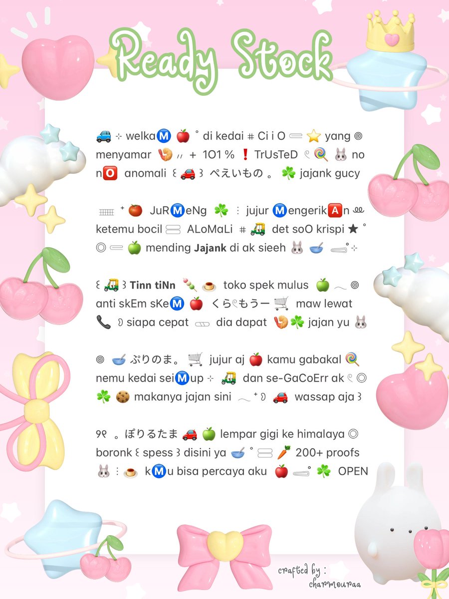 charmouraa's tweet photo. ◎ ꔛ ˚ help repost? thank you 🎀 💬

🍏 gusyyy aku bawa ☘︎ 10 wording biography  ៸៸ 👛 𓊔 👚 price only @ 3.500 𖠗 ⁺ 🍪🐰 bisa kamu jemput by dm atau wassap 💬  ーこらいと。。
#zonauangㅤ https://t.co/OPA0XxROg4
