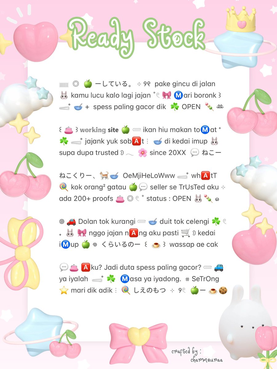 charmouraa's tweet photo. ◎ ꔛ ˚ help repost? thank you 🎀 💬

🍏 gusyyy aku bawa ☘︎ 10 wording biography  ៸៸ 👛 𓊔 👚 price only @ 3.500 𖠗 ⁺ 🍪🐰 bisa kamu jemput by dm atau wassap 💬  ーこらいと。。
#zonauangㅤ https://t.co/OPA0XxROg4