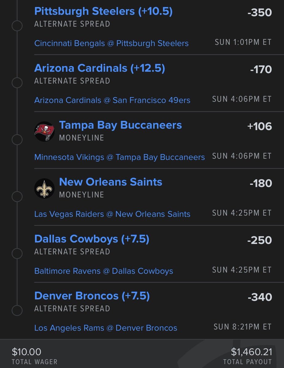 FinneganFinds's tweet photo. It’s Sunday!! That means football is played today. Here is a ML/Spread Lotto for today. 🚨 Find of the Week coming out soon 👀 https://t.co/f40IvCpnUL