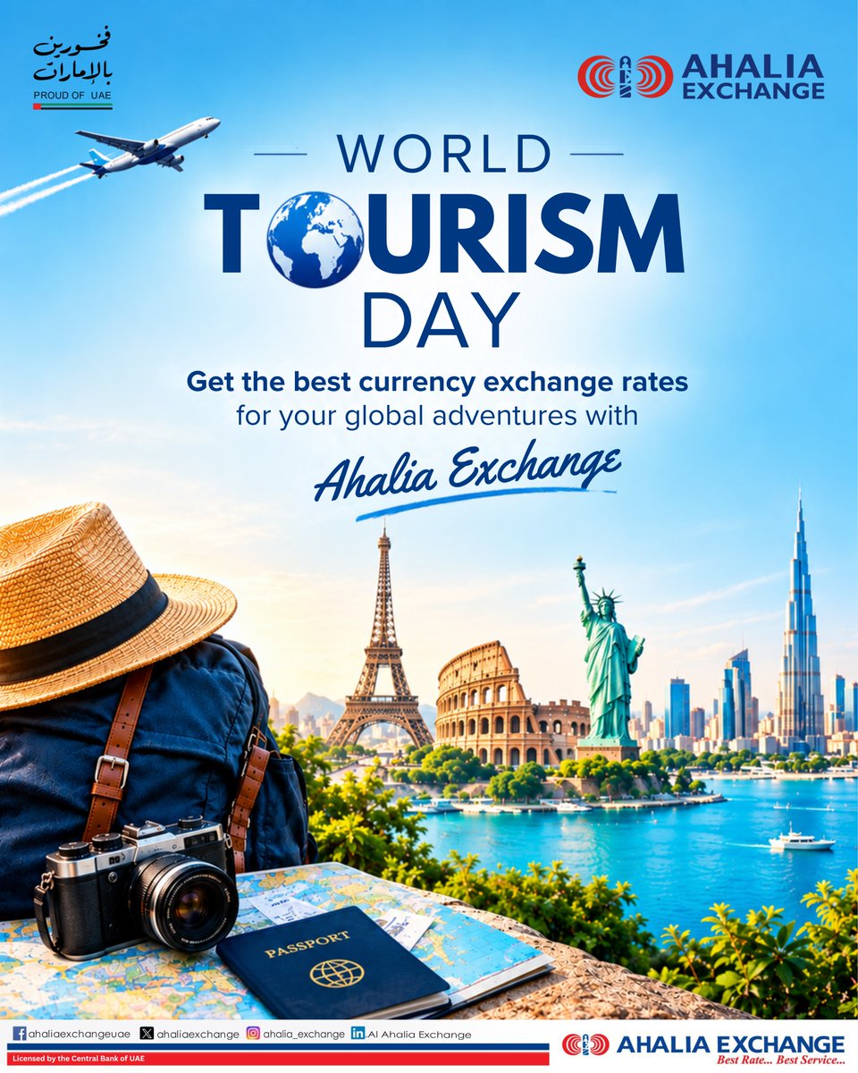 Ahaliaexchange's tweet photo. 🌍✈️ Explore the world with confidence!

This World Tourism Day, make every journey more rewarding with competitive currency exchange rates from Ahalia Exchange. 💙

Travel more. Explore more. Exchange smarter. https://t.co/xelxQNPHJ8