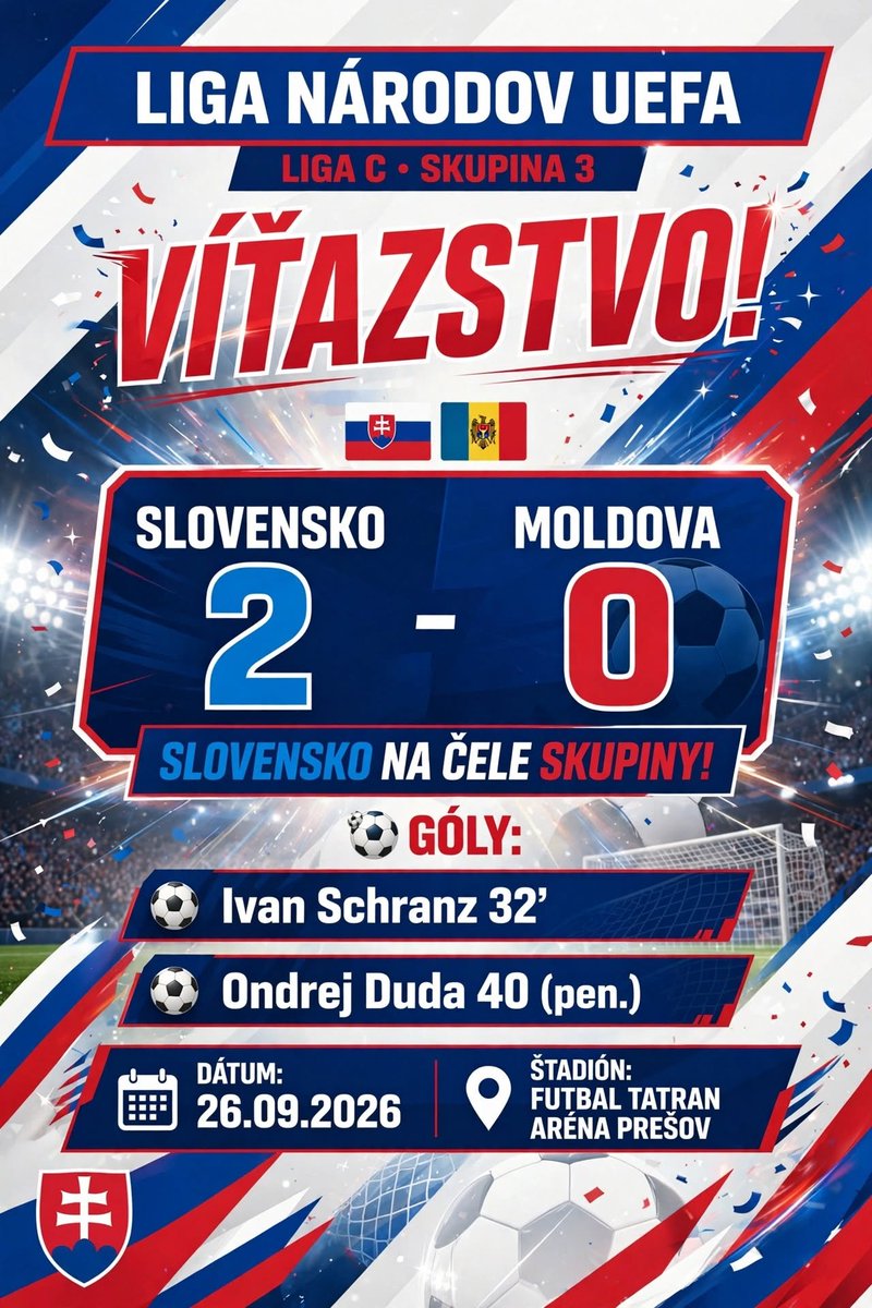 Tomassimeklc's tweet photo. VÍŤAZSTVO! 💪 2:0 proti Moldavsku a sme na čele skupiny! Góly Schranz a Duda. Takto sa bojuje za Slovensko! Hrdý na chalanov! 🇸🇰⚽️

#Slovensko #NationsLeague #SLOvsMDA #SlovenskiSokoli https://t.co/0SHS574icj