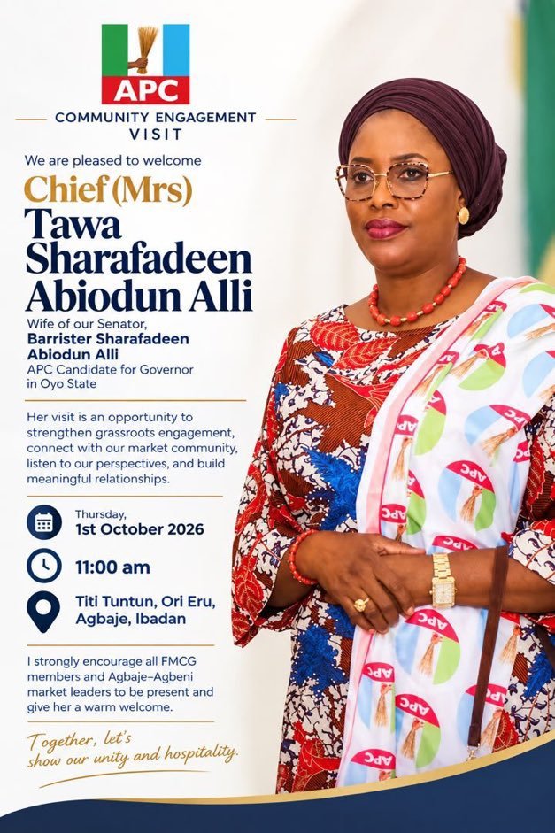 OyoNews1's tweet photo. Taking a cue from the wife of Oyo APM governorship candidate, the wife of APC governorship candidate, Senator Sharafadeen Alli, Mrs. Tawa Alli, is set for a community engagement visit. https://t.co/ZgfZqTuul5