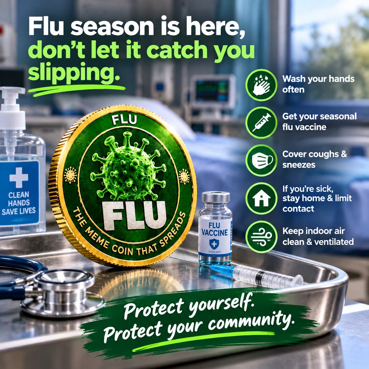 TheFluCoin's tweet photo. Flu season is here, don’t let it catch you slipping.
🧼 Wash your hands often
💉 Get your seasonal flu vaccine
😷 Cover coughs &amp; sneezes
🏠 If you’re sick, stay home &amp; limit contact
🌬️ Keep indoor air clean &amp; ventilated

Protect yourself. Protect your community. https://t.co/uChFhqfeYx