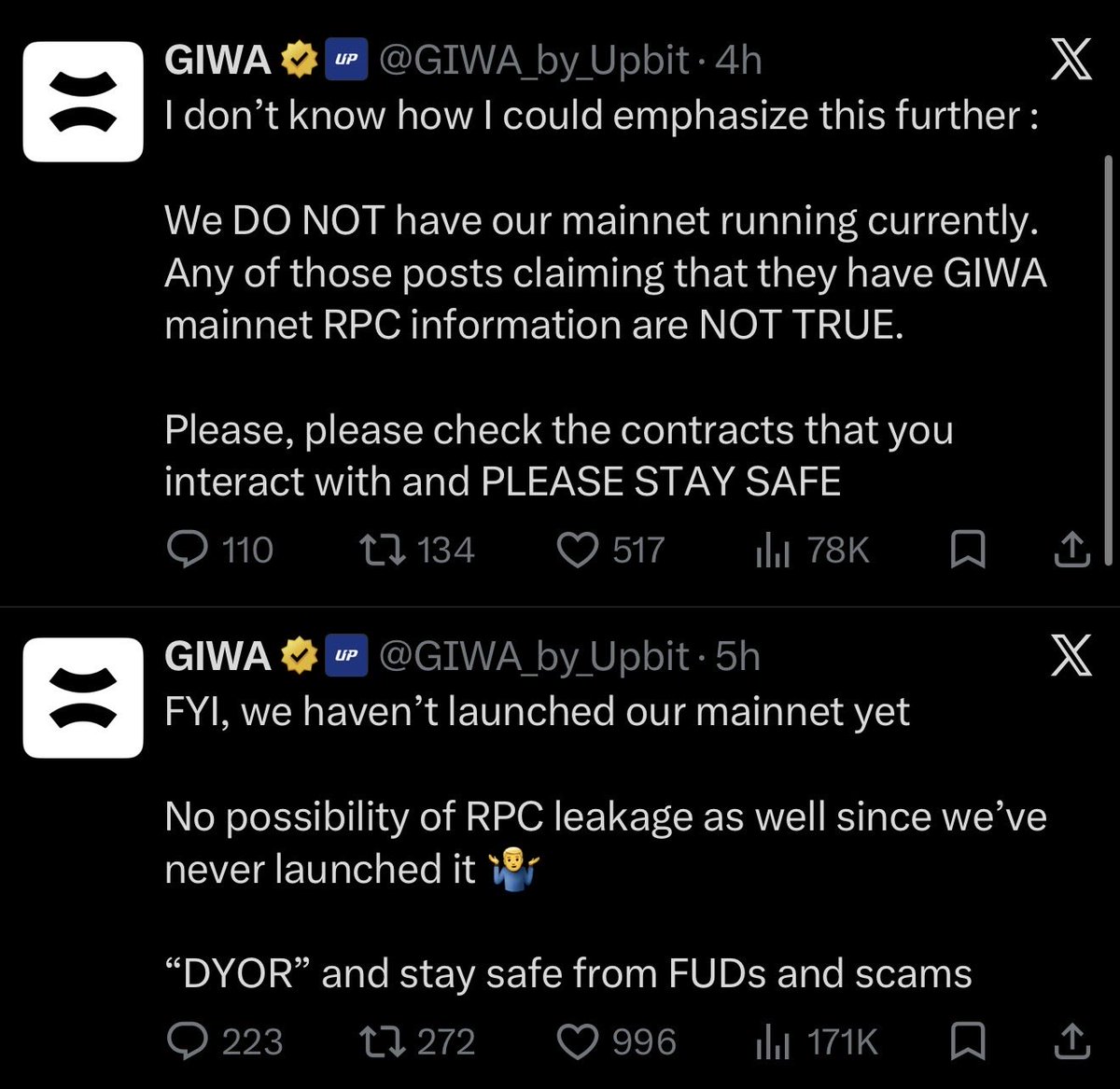 StarPlatinum_'s tweet photo. This might be one of the smartest crypto scams I’ve seen in a while

Someone basically created a fake blockchain and got real users to bridge money into it

Here’s what happened:

- GIWA is a legitimate Ethereum L2 connected to Upbit

There was only one problem, GIWA mainnet had NOT launched yet

Scammers knew people were waiting for it and built an entire fake environment around that expectation

They created a fake EVM chain, gave it GIWA’s legitimate Chain ID: 9134

set up an RPC and apparently created a fraudulent bridge that allowed users to send real assets into the fake network

So you could add a new network to your wallet, the RPC responds correctly, your wallet shows 9134, transactions work and everything looks real

Except Chain IDs aren’t proof of authenticity

The scammers basically copied GIWA’s license plate and built another car behind it

And real assets leave Ethereum or whatever legitimate source chain they’re using

and enter infrastructure controlled by whoever built the fraudulent bridge

$2M were lost through this scam apparently