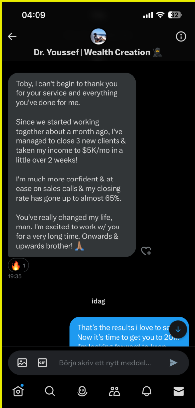 RealCoachToby's tweet photo. More Testimonials  

Dr Youssef: quit the 9–5, $5k+/month in the first weeks. Currently past $10k/month    

Alex Northstar: past $10k+/month.    

Felix: past $5k+/month. https://t.co/VGSdM52zlU