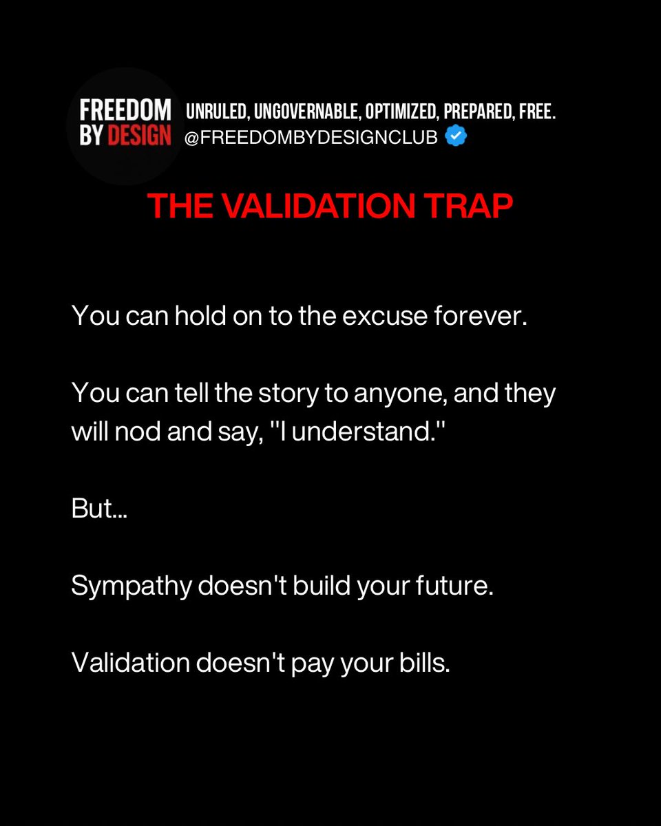 williamgreenjg0's tweet photo. The most dangerous trap is a legitimate excuse. Everyone may understand your pain, but sympathy won’t build your future or pay your bills. Acknowledge your wounds without letting them dictate your life. Choose: the excuse or the life. https://t.co/WKyRhQcvLq