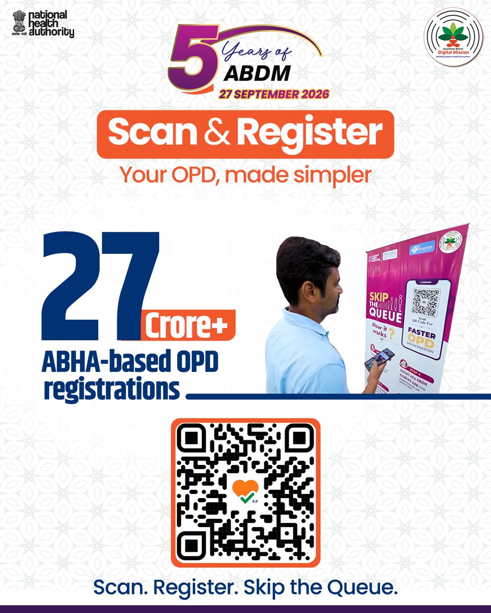 AyushmanNHA's tweet photo. #5YearsOfABDM
With ABHA, #ScanandRegister is enabling patients to register for OPD services digitally at participating health facilities - making process faster and more convenient.
Download #ArogyaSetu 2.0 to #SkiptheQueue on your next hospital visit: https://t.co/XmlTj6JW4q https://t.co/2EqyfOJYbT