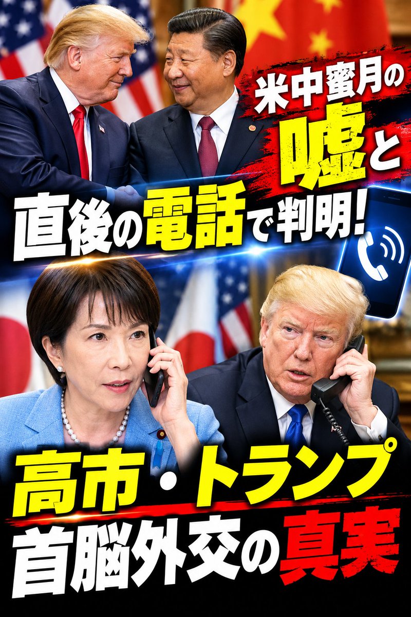 tetsuya_00x's tweet photo. 米中蜜月の嘘と直後の電話で判明！高市・トランプ首脳外交の真実

1．はじめに：煽り報道に惑わされていませんか？

米中首脳会談を受けて「日本はハシゴを外された」「高市外交の敗北だ」といったニュースやSNS上の噂が飛び交っていますね。

ですが結論から申し上げますと、それは完全な思い過ごしであると断言できます。

多くのメディアはトランプ氏の派手なパフォーマンスやリップサービスばかりを切り取って報じるため、実質的な外交成果や一次情報を見ようとしない世論との間に大きなギャップが生じてしまうのです。

表面的な演出に惑わされることなく、事実に基づいた裏側を見極める視点が不可欠です。

世間の煽り報道に騙されてはいけません。

では、具体的に米中会談の現場でどのような不協和音や国内批判が生じていたのか、アメリカ国内のリアルな反応から見ていきましょう。

2．米中蜜月の嘘と米国内で噴出する強い批判

習近平氏を厚遇したトランプ大統領に対し、米国内からは激しい批判が噴出していました。

共和党のトム・ティリス上院議員は、トランプ氏が圧制者と過ごす時間が増えていることを懸念すると語っています。

民主党のジーン・シャヒーン上院議員らも、同盟国への威圧に立ち向かわず豪華な晩さん会を選んだと強く批判しました。

さらに中国大使館前ではデモ隊が集まり、ウイグル出身者やナンシー・ペロシ元下院議長らが人権無視の歓待に強い憤りを示しています。

米中首脳会談は米中蜜月などではなく、米国内に深刻な政治的摩擦を生む不協和音に満ちたものでした。

不満が高まる米国内の情勢を受けて、ホワイトハウスがどのような行動に出たのかを見ていきましょう。

3．ホワイトハウスの反論と中国側の裏切り行為

習氏が帰路に就いた直後、ホワイトハウスは15秒のショート動画を投稿しました。

そこには「米国は決して共産主義国にはならない」という強烈なメッセージが込められていました。

トランプ氏は動画内で、皆と共に共産主義や社会主義、マルクス主義を打ち負かそうと力強く宣言しています。

一方で中国側も、米国が求めた対イラン制裁に従わず、イラン産原油の輸入を継続するとイラン側に伝達していました。

米国の制裁を真っ向から拒否する中国の裏切り行為は、両国間に強固な信頼関係は存在していないことを物語っているのではないでしょうか。

実はこんな不安定な米中関係の裏で、トランプ氏が本当に信頼して連絡を取った相手こそが日本だったのです。

4．米中会談の直後に動いた！高市総理への電話報告

習氏との会談終了直後、トランプ大統領は真っ先に日本の高市早苗総理へ直接電話をかけました。

9月26日夜9時に行われたこの電話会談で、米中会談の具体的な内容が説明されたのです。

高市総理は電話会談後、速やかに正式な記者会見を行い、国民に説明し、同時にXでも同様の報告を行いました。

投稿されたXの内容によれば、経済安全保障を含む諸課題について意見交換を行い、日米の連携を確認したとのことです。

ニューヨークでの首脳会談に続き、わずか1週間のうちに2度も首脳会談を行った事実が際立ちます。

派手なパフォーマンスではなくとも、この迅速な情報共有や,緊密な意思疎通こそが日米同盟における深い信頼の証と言えるでしょう。

5．矢板明夫しが読み解く、アンチ批判の矛盾

ジャーナリストの矢板明夫氏は、トランプ氏が触れた第二次大戦時の米中関係は1949年成立の中華人民共和国ではなく中華民国を指す歴史的事実に過ぎないと分析します。

そのため「疑米論」は過度な恐れであり、米国の対日防衛方針やインド太平洋戦略は全く揺らいでいないと解説しています。

ナラティブ・インテリジェンスの専門家である二本松哲也氏も、共産主義否定動画とトランプ氏の高市総理への電話報告をセットで考えると、裏で新たなミッションが始まった可能性が高いと見ています。

さらに、トランプ氏が提唱する「米露中3カ国の軍備管理交渉」は、中国を抑え込むべき敵性国家と見なしている明確な証拠です。

中間選挙を目前に控える中でのトランプ氏の発言は、中国とのディールを優位に進めるためのリップサービスに過ぎません。

それにもかかわらず「普段はXばかりで記者会見を開かない」と批判していたアンチが、いざ正式な記者会見を開くと「焦っている」などと難癖をつける姿勢は矛盾に満ちています。

こうした理不尽な批判や表面的な言葉に、私たちが惑わされる必要は一切ありません。

6．おわりに：揺るぎない日米同盟と今後の展望

一連の事実を振り返れば、世間の煽り報道がいかに事実と乖離しているかがよく分かります。

我々が偏向報道や噂に流されることなく、一次情報に基づいた冷静な情報分析を行うことが日本の国益を守ります。

トランプ大統領と高市総理の間にある強固な信頼関係は本物です。

私たちは揺るぎない日米同盟を信じ、日本の力強い外交をしっかりと応援していきましょう。