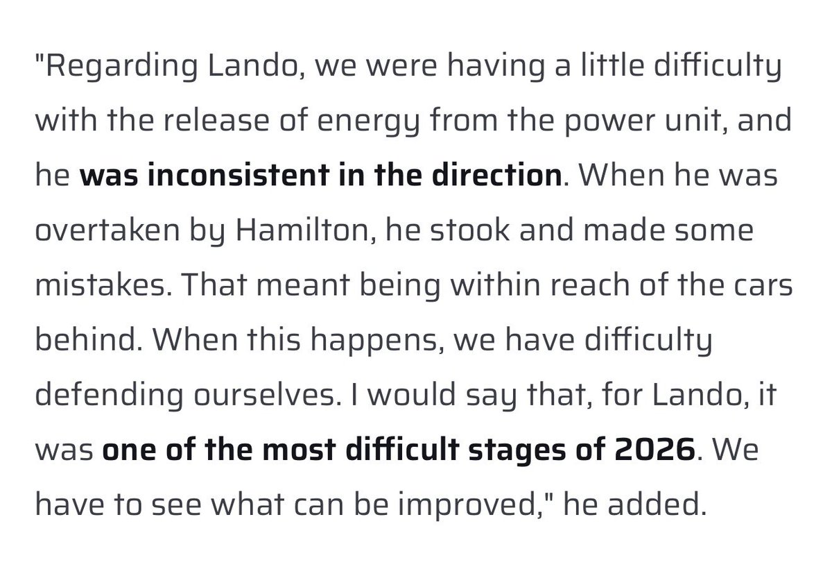 ln4norris's tweet photo. andrea stella said lando's performance gradually dropped because of the intermittent fuel injection issue, which they also saw occasionally in oscar's car. 

he also said there were difficulties with the energy release from lando's power unit, making the car inconsistent. https://t.co/nxe6T7DQSx