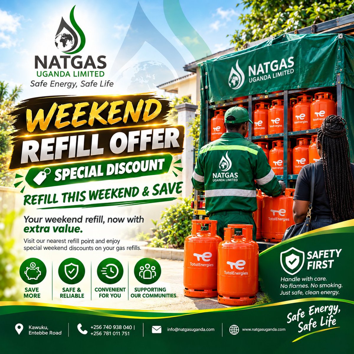 NatgasLtd's tweet photo. WEEKEND REFILL OFFER!
Refill your gas this weekend and enjoy a SPECIAL DISCOUNT from NATGAS Uganda Ltd. 
📍 Kawuku, Entebbe Road
📞 +256 740 938 040 | +256 781 011 751
🌐 https://t.co/DWAI48t45L
Safe Energy, Safe Life.
#NATGASUganda #WeekendRefill #GasRefill #SpecialDiscount https://t.co/HoR7JIGrt5