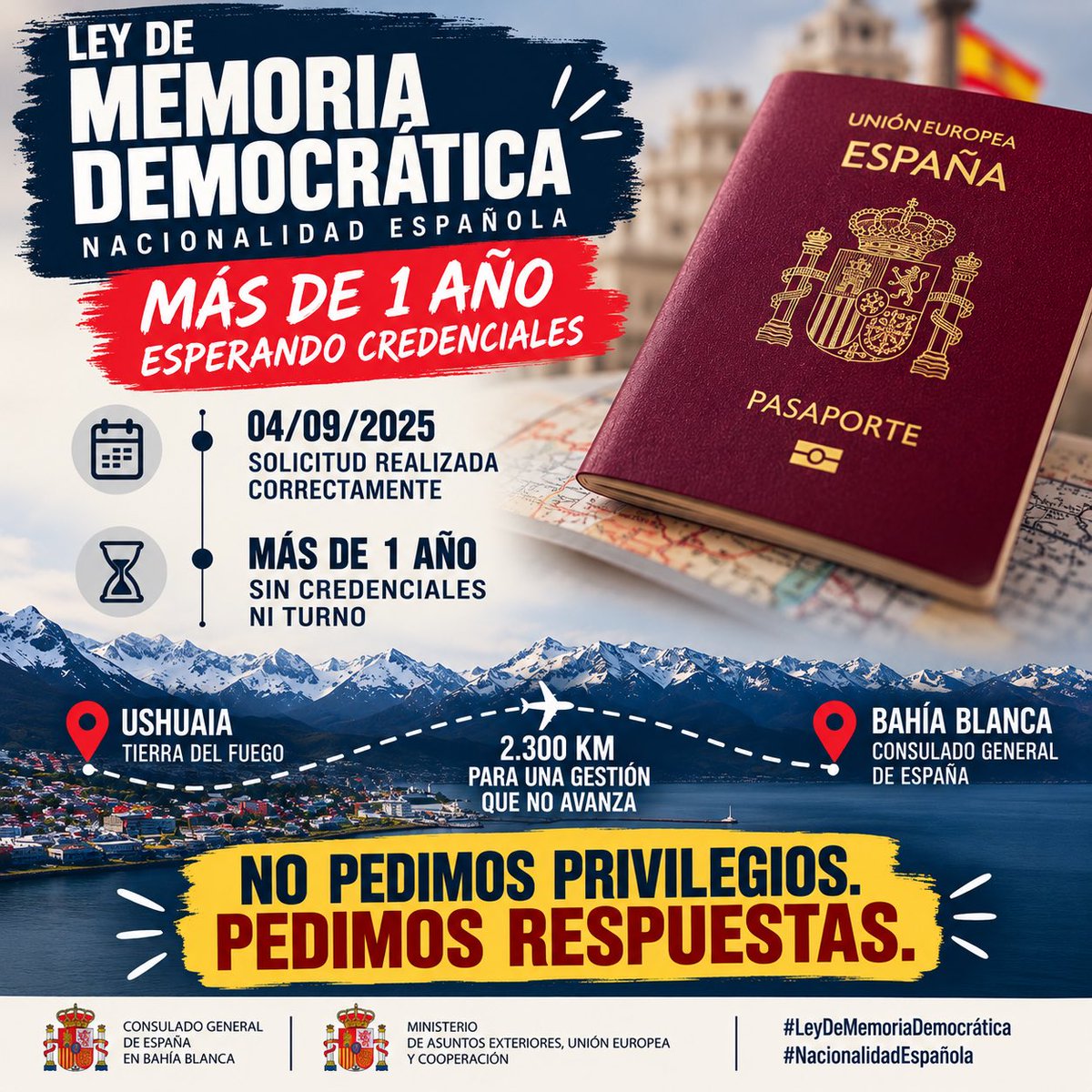 Romilo83's tweet photo. @CgEspBahiaBlanc DÍA 2 reclamando 
Hace más de un año que espero mis credenciales para obtener turno por la Ley de Memoria Democrática en el Consulado General de España en Bahía Blanca. 
La Ley de Memoria Democrática reconoció un derecho, NO SOMOS ETERNOS. https://t.co/DyaWihZpRw