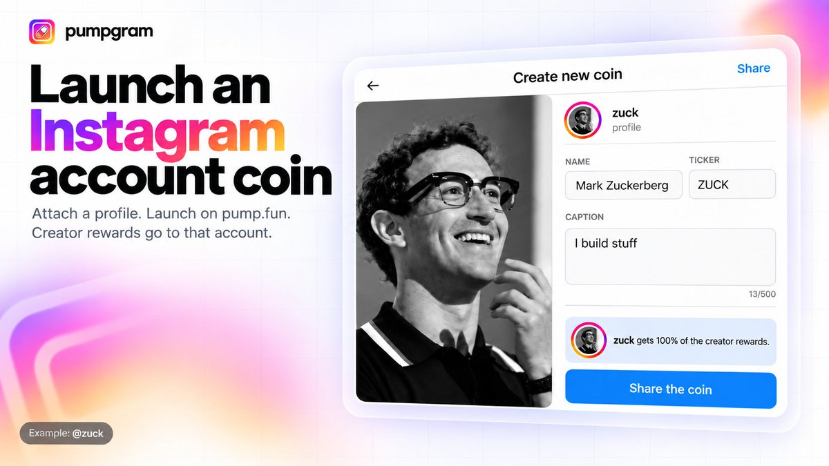pumpgramsocial's tweet photo. how to launch on pumpgram:

paste an instagram link — profile, post or reel
name it, pick a ticker
sign one SOL transfer

coin + dev buy in the same tx, no platform fee, and every trade pays the account you attached.

https://t.co/UKikmfv8oz https://t.co/HMVRHbScbA