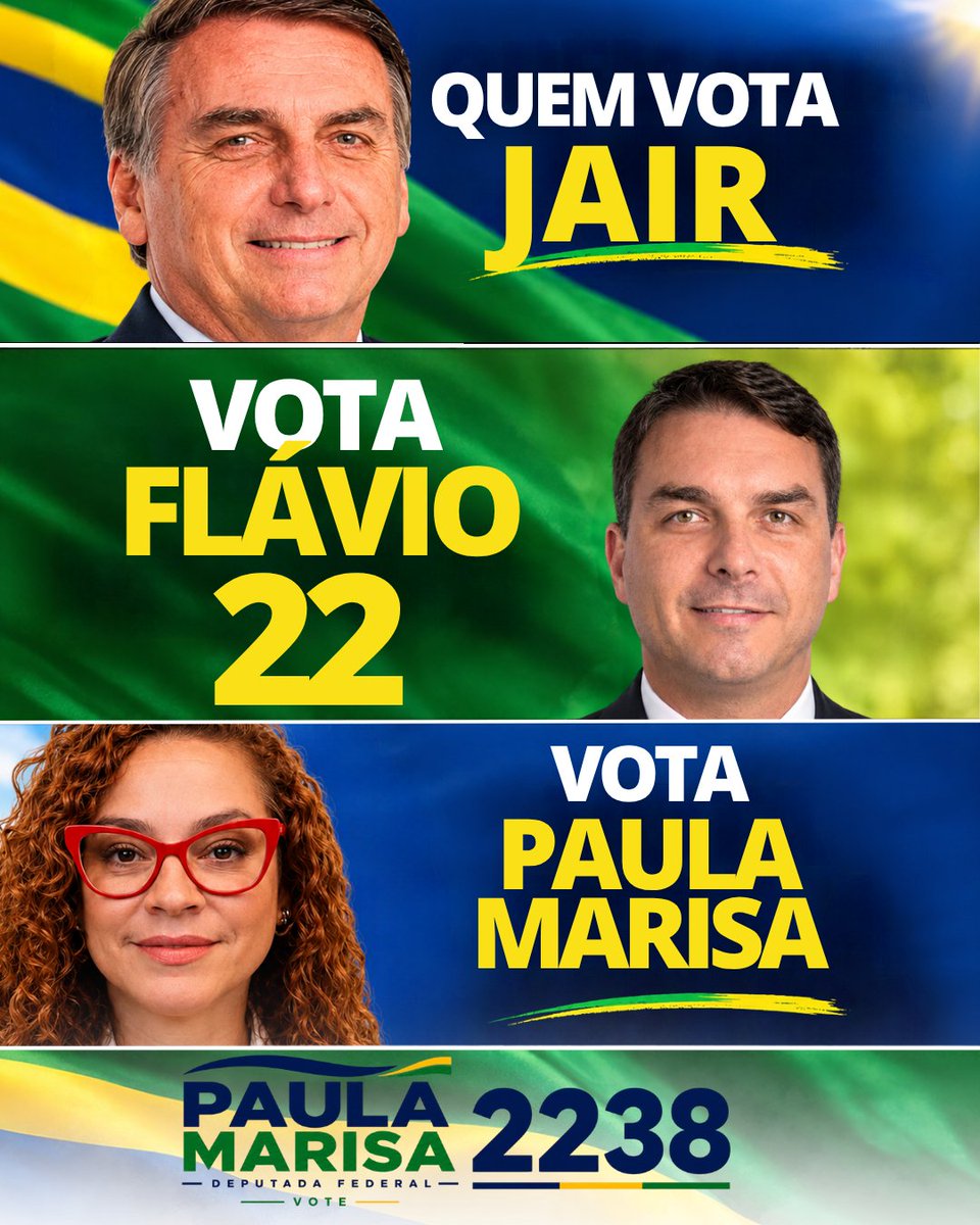 profpaulamarisa's tweet photo. Quem vota Jair, vota Flávio e vota Paula Marisa.

É o mesmo lado.
O lado da família, da segurança, da educação sem ideologia e do Brasil que trabalha.

Aqui não tem confusão de projeto.
Tem clareza de posição.

Paula Marisa 2238
A professora que não se cala.

Por isso não esquece gauchada aqui no RS e anota essa colinha:

Paula Marisa————— 2238
Charles Andrade——- 22202
Sanderson ——————222
Marcel Van Hatten —-300
Zucco ————————-22
Flávio Bolsonaro ——- 22