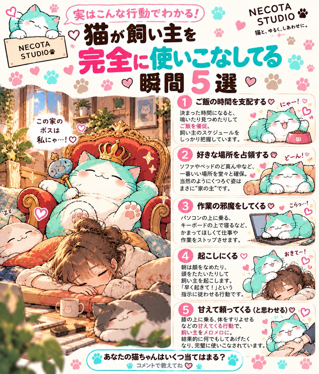 necota_studio's tweet photo. 猫を飼ってるつもりが、 
実は飼い主のほうが使われてる説😂🐱
ご飯係、場所を譲る係、起こされる係… あなたはいくつ当てはまる？🐾
うちは完全に猫がボスです👑🤣
#猫 #猫好き #猫のいる暮らし #猫好きさんと繋がりたい #猫あるある #NECOTASTUDIO https://t.co/SMY2QhNuph