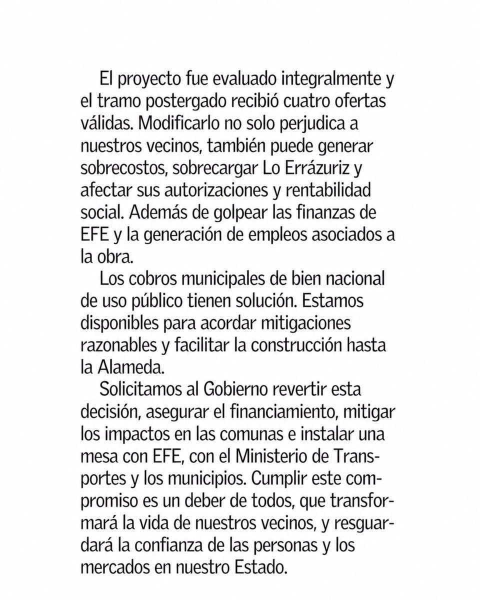 TomasVodanovic's tweet photo. Carta firmada por los 8 alcaldes involucrados en el proyecto Tren Santiago a Melipilla. Los compromisos de Estado deben cumplirse. 
Son más de 30 años de espera, una obra en plena ejecución, y una licitación que contaba con 4 ofertas válidas dentro de presupuesto. No hay ninguna razón de peso para interrumpir. 
#ElTrenSeDefiende.