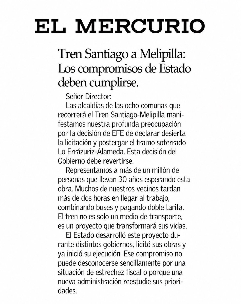 TomasVodanovic's tweet photo. Carta firmada por los 8 alcaldes involucrados en el proyecto Tren Santiago a Melipilla. Los compromisos de Estado deben cumplirse. 
Son más de 30 años de espera, una obra en plena ejecución, y una licitación que contaba con 4 ofertas válidas dentro de presupuesto. No hay ninguna razón de peso para interrumpir. 
#ElTrenSeDefiende.