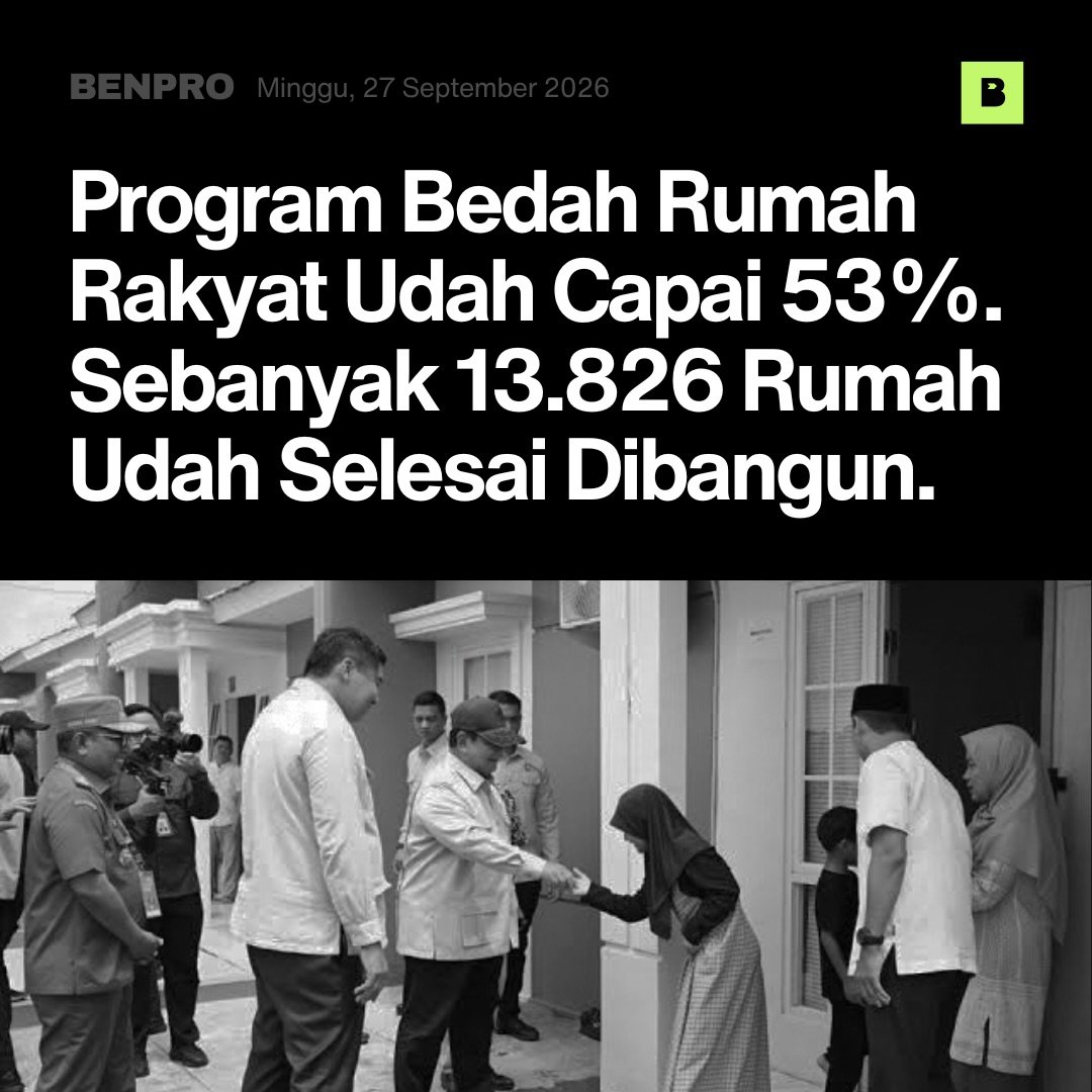 99propaganda's tweet photo. 𝗥𝘂𝗺𝗮𝗵 𝗹𝗮𝘆𝗮𝗸 𝗵𝘂𝗻𝗶 𝘂𝗻𝘁𝘂𝗸 𝗺𝗮𝘀𝘆𝗮𝗿𝗮𝗸𝗮𝘁 𝗸𝗶𝗮𝗻 𝗱𝗶𝗴𝗲𝗻𝗷𝗼𝘁 𝗼𝗹𝗲𝗵 𝗣𝗿𝗲𝘀𝗶𝗱𝗲𝗻 𝗣𝗿𝗮𝗯𝗼𝘄𝗼.

Tahun 2026 ini, Program Bedah Rumah Rakyat menargetkan 400.000 unit dengan dukungan anggaran Rp1,3 triliun.

Pemerintah selalu berupaya wujudkan hunian yang aman dan nyaman untuk masa depan keluarga Indonesia.