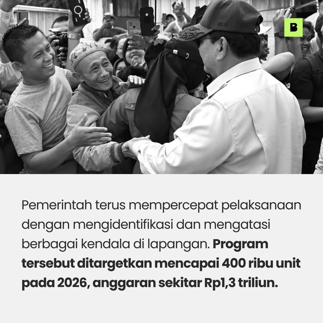 99propaganda's tweet photo. 𝗥𝘂𝗺𝗮𝗵 𝗹𝗮𝘆𝗮𝗸 𝗵𝘂𝗻𝗶 𝘂𝗻𝘁𝘂𝗸 𝗺𝗮𝘀𝘆𝗮𝗿𝗮𝗸𝗮𝘁 𝗸𝗶𝗮𝗻 𝗱𝗶𝗴𝗲𝗻𝗷𝗼𝘁 𝗼𝗹𝗲𝗵 𝗣𝗿𝗲𝘀𝗶𝗱𝗲𝗻 𝗣𝗿𝗮𝗯𝗼𝘄𝗼.

Tahun 2026 ini, Program Bedah Rumah Rakyat menargetkan 400.000 unit dengan dukungan anggaran Rp1,3 triliun.

Pemerintah selalu berupaya wujudkan hunian yang aman dan nyaman untuk masa depan keluarga Indonesia.