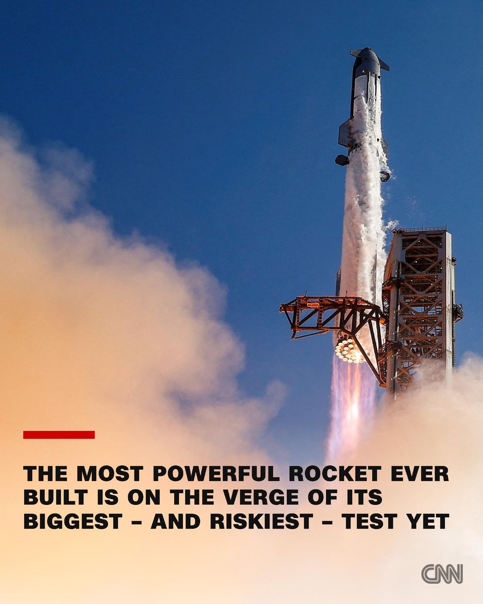 cnni's tweet photo. On Monday, SpaceX will attempt to launch its Starship rocket into orbit for the first time, allowing it to deploy the inaugural batch of a new generation of Starlink internet satellites. https://t.co/QcXCUD29o0 https://t.co/TZsJqBqIz6