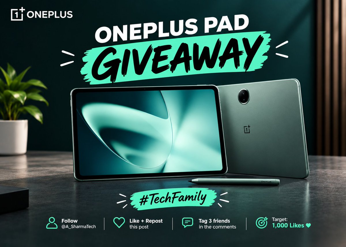 A_SharmaTech's tweet photo. 🎁 ONEPLUS PAD GIVEAWAY IS LIVE!

Want to win a OnePlus Pad? 👀🔥

• Follow @A_SharmaTech
• Like + Repost
• Tag 3 friends
• Target: 1,000 Likes ❤️

#Giveaway #TechFamily https://t.co/ImTrRdO3xL
