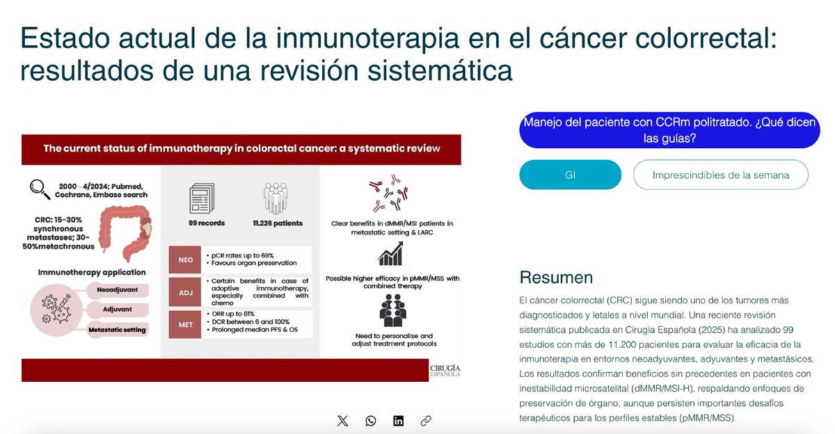 OncobitesTv's tweet photo. 🧬 Avances de la inmunoterapia en #CáncerColorrectal

Una nueva revisión sistemática en Cirugía Española evalúa la eficacia clínica de los ICI en las distintas etapas del #CRC:
✔️ Respuestas de hasta el 100% en pacientes con perfil dMMR/MSI-H en neoadyuvancia.
✔️ Fuerte respaldo a las estrategias de preservación de órgano en cáncer rectal.
✔️ Evidencia de que los perfiles pMMR/MSS requieren terapias combinadas.

💡 Un análisis clave hacia una selección de pacientes más precisa.

Lee más aquí 👉 https://t.co/iMAPRNXO9a

#Oncología #Inmunoterapia #CRC #CáncerColorrectal #OncoBites