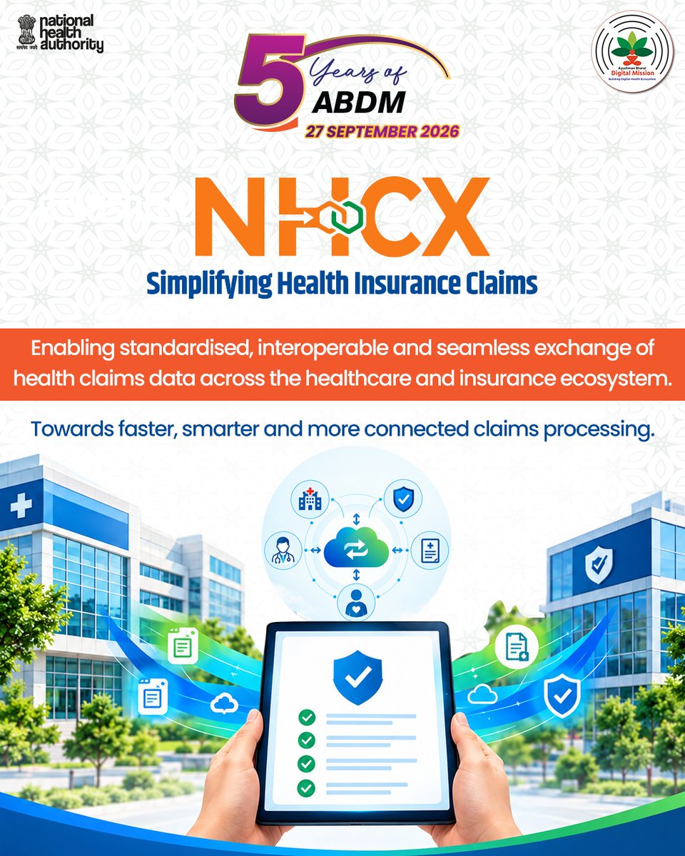 AyushmanNHA's tweet photo. #5YearsOfABDM
Making health insurance claims simpler, smarter and more efficient.
As part of the #ABDM ecosystem, #NHCX enables standardised and interoperable exchange of health claims data across healthcare providers and insurers —helping streamline the claims process. https://t.co/IsnZ83o0Sf