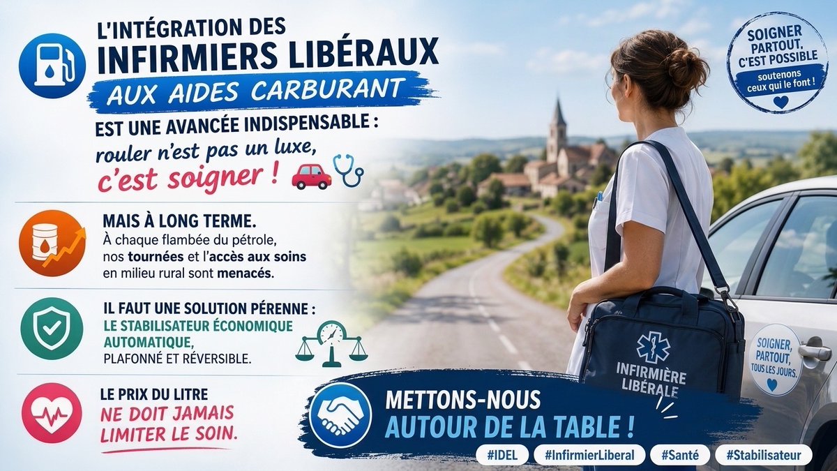 Charmillon90856's tweet photo. L'intégration des infirmiers libéraux aux aides carburant est une avancée indispensable : rouler n'est pas un luxe, c'est soigner ! 🚗🩺 
Mais à long terme. À chaque flambée du pétrole, nos tournées et l'accès aux soins en milieu rural sont menacés. 
Il faut une solution pérenne : le stabilisateur économique automatique, plafonné et réversible. 
Le prix du litre ne doit jamais limiter le soin. Mettons-nous autour de la table ! 🤝 
#IDEL #InfirmierLiberal #Santé