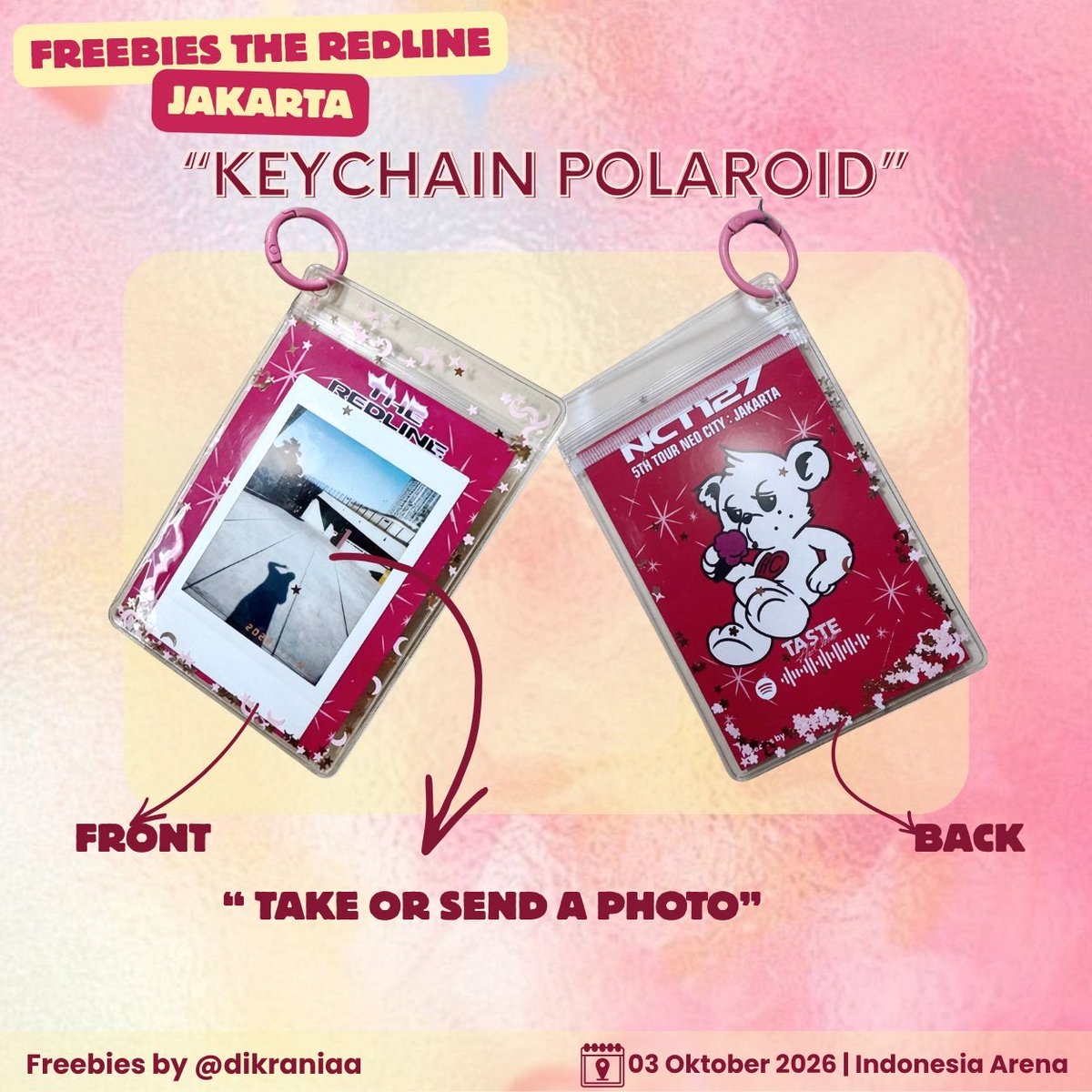 dikraniaa's tweet photo. “FREEBIES THE REDLINE IN JAKARTA”
by @dikraniaa

~ Take or send a photo 📸
AirDrop foto yang udah ada atau foto langsung pas ketemu, nanti langsung dicetak buat polaroid keychain kamu 💃✨ 

~limited qty

sampai ketemu di IA 🫶🏻
#NCT127_5TH_NEOCITY_THE_REDLINE #NCT127inJAKARTA https://t.co/w7lHMe1oi6