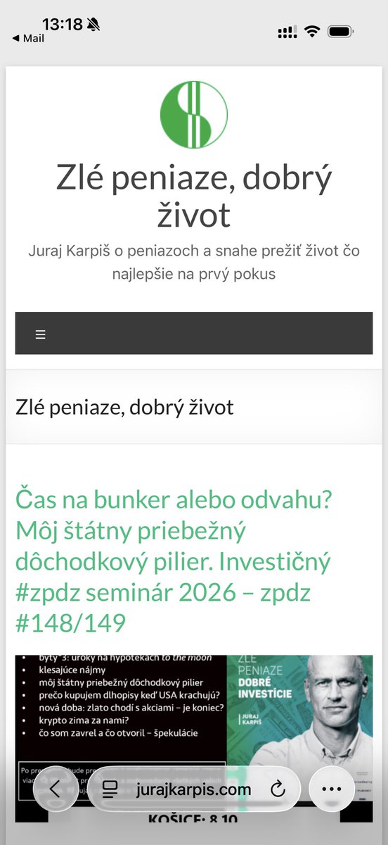 JurajKarpis's tweet photo. Aktuálne vydanie "Čas na bunker alebo odvahu? Môj štátny priebežný dôchodkový pilier. Investičný #zpdz seminár 2026 – zpdz #148/149" v schránkach s prihlasovaním na októbrový investičný meetup. Inak na ten bratislavský príde aj Aďa! https://t.co/aFL3nqmVap