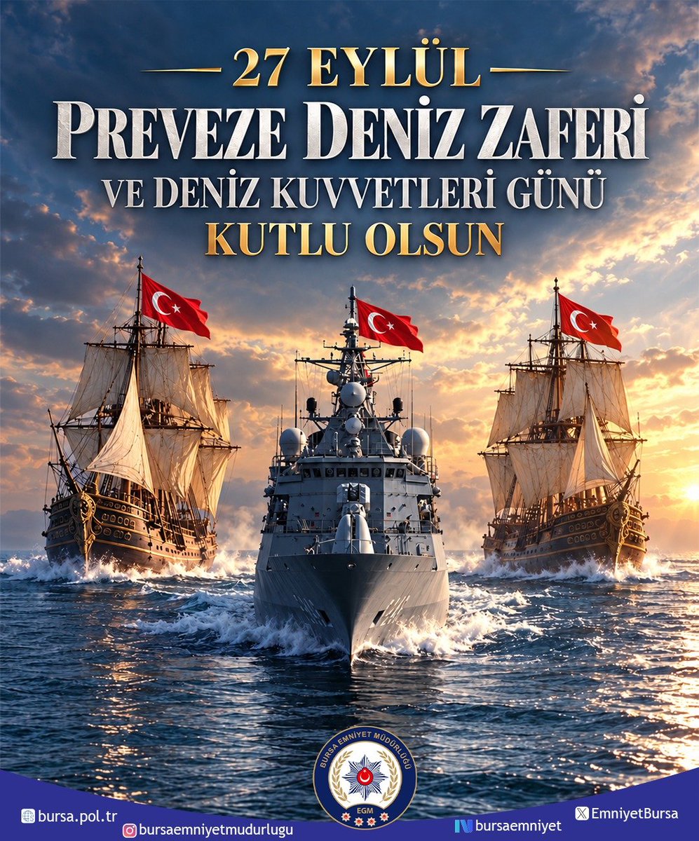 EmniyetBursa's tweet photo. ⚓️ Preveze Deniz Zaferi’nin 488. yıl dönümü kutlu olsun! 🇹🇷

Akdeniz’i Türk gölüne çeviren büyük zaferin mimarı Barbaros Hayreddin Paşa’yı ve kahraman denizcilerimizi rahmet ve minnetle anıyoruz.
#PrevezeDenizZaferi #DenizKuvvetleriGünü https://t.co/rtnt7S5bBL