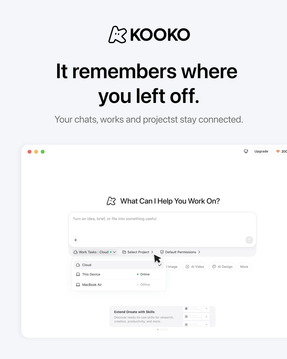 kooko_ai's tweet photo. Same work. Less starting over.
Your files stay connected. Kooko remembers where you left off. Your repeat work becomes reusable Skills. And the tools you already know — Slides, Sheets, Images, Video & Tutor — are now even better.
This is Kooko. AI that works your way.
#KOOKO #AI #ArtificialIntelligence #AITools #Productivity #FutureOfWork #Tech #Automation #AIProductivity #WorkSmarter