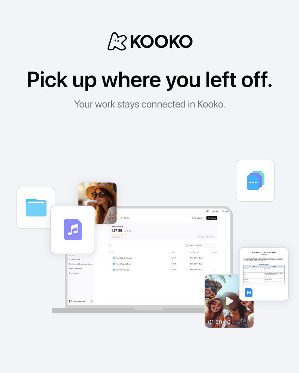 kooko_ai's tweet photo. Same work. Less starting over.
Your files stay connected. Kooko remembers where you left off. Your repeat work becomes reusable Skills. And the tools you already know — Slides, Sheets, Images, Video & Tutor — are now even better.
This is Kooko. AI that works your way.
#KOOKO #AI #ArtificialIntelligence #AITools #Productivity #FutureOfWork #Tech #Automation #AIProductivity #WorkSmarter