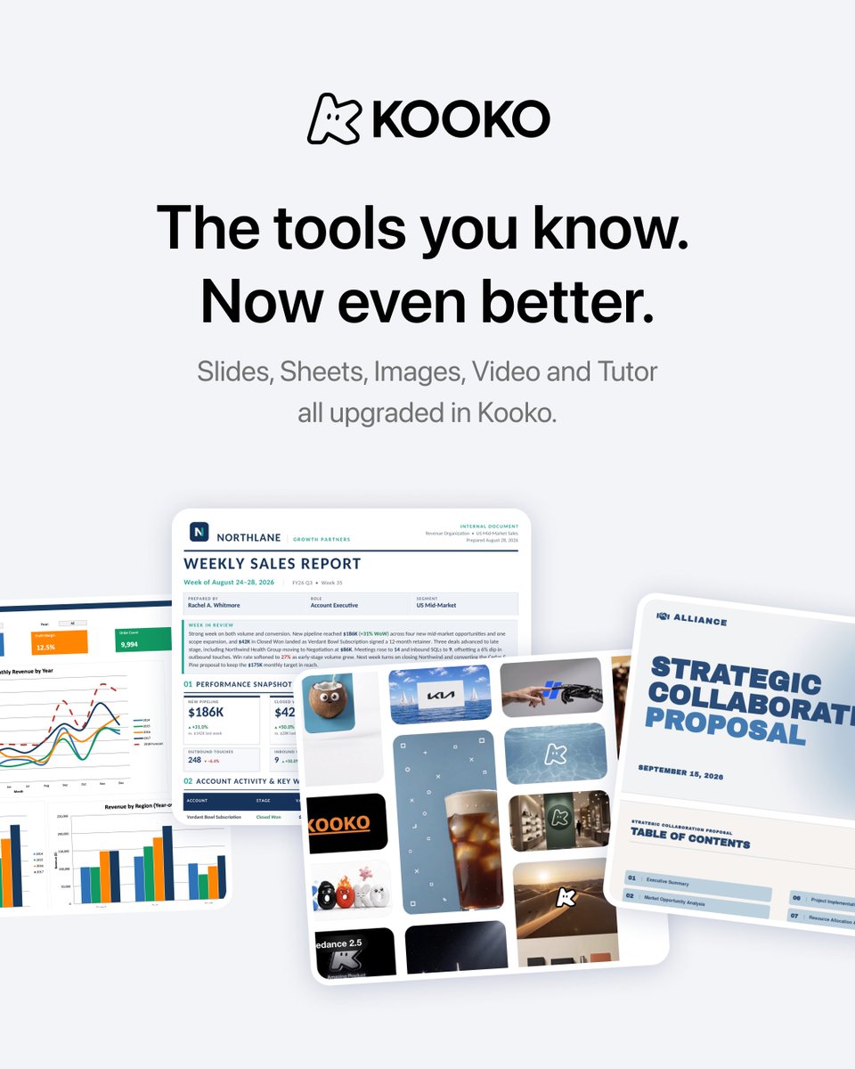 kooko_ai's tweet photo. Same work. Less starting over.
Your files stay connected. Kooko remembers where you left off. Your repeat work becomes reusable Skills. And the tools you already know — Slides, Sheets, Images, Video & Tutor — are now even better.
This is Kooko. AI that works your way.
#KOOKO #AI #ArtificialIntelligence #AITools #Productivity #FutureOfWork #Tech #Automation #AIProductivity #WorkSmarter