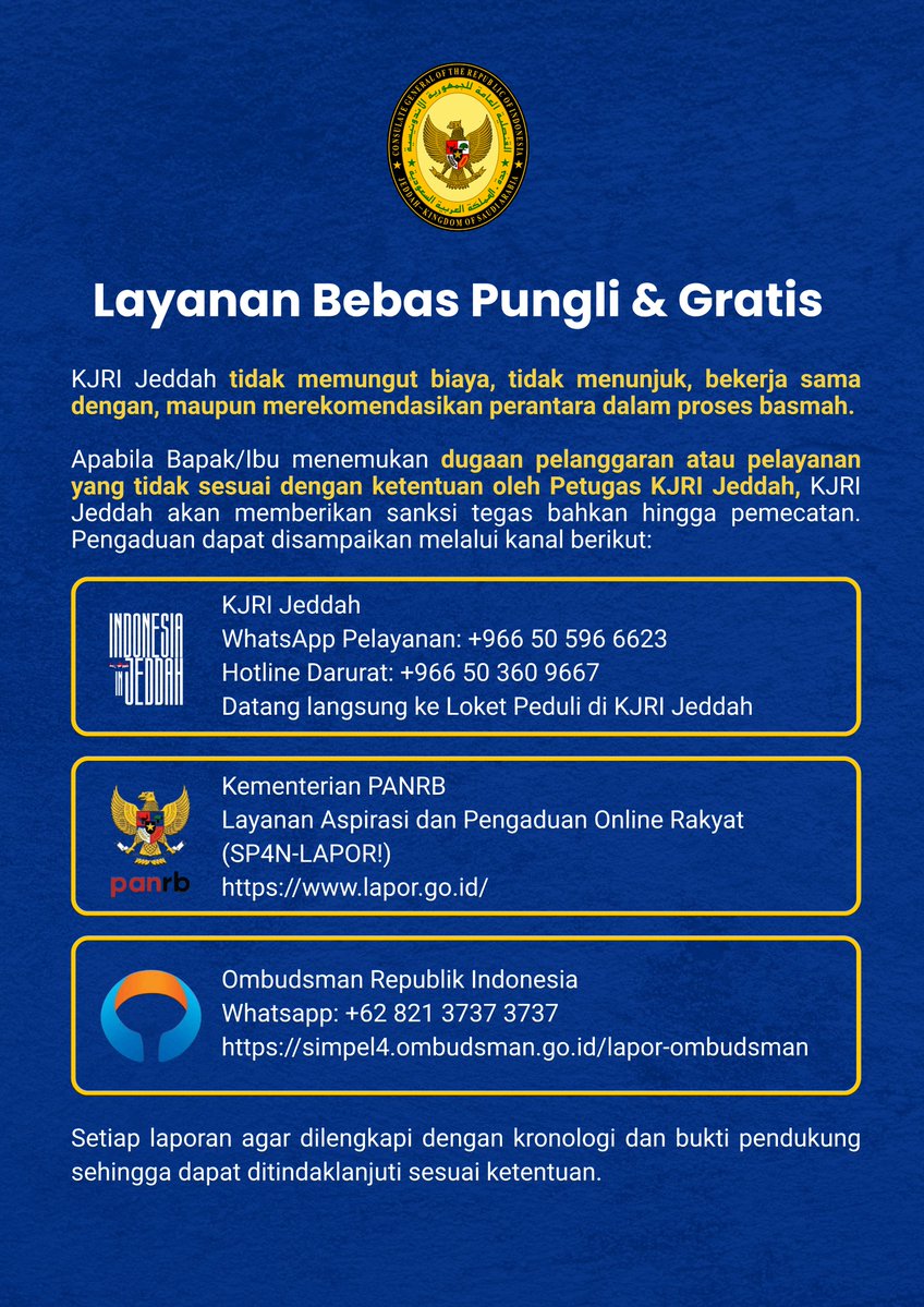 IndonesiaInJED's tweet photo. Pendampingan Exit Mandiri (Basmah) melalui KJRI Jeddah 🇮🇩🇸🇦

KJRI Jeddah menyediakan layanan pendampingan exit mandiri (Basmah) bagi WNI di Arab Saudi sebagai bagian dari upaya memberikan pelayanan dan perlindungan kepada WNI.

Bagi WNI yang memenuhi persyaratan, proses pendampingan dilakukan sesuai ketentuan yang berlaku, mulai dari pendaftaran, pemberian undangan resmi, pendampingan proses basmah di Tarhil Shumaisi Makkah, hingga informasi tindak lanjut setelah proses exit.

📌 Perlu diperhatikan: sejak 29 Juli 2026, berdasarkan kebijakan Gedung 34 Tarhil Shumaisi Makkah, proses exit di Tarhil Shumaisi hanya dapat dilakukan bagi WNA yang pertama kali masuk ke Arab Saudi melalui Jeddah. Bagi WNI dengan entry point di luar Jeddah, proses basmah dan exit harus dilakukan melalui kantor imigrasi/deportasi sesuai entry point masing-masing.

KJRI Jeddah tidak memungut biaya, tidak menunjuk, dan tidak merekomendasikan perantara dalam proses basmah.

Untuk informasi dan pendaftaran, masyarakat dapat menghubungi:
📱 WhatsApp Pelayanan KJRI Jeddah: +966 50 596 6623
🚨 Hotline Darurat: +966 50 360 9667
📍 Atau datang langsung ke Loket Peduli KJRI Jeddah.
Mari gunakan layanan resmi KJRI Jeddah dan waspada terhadap pihak yang menawarkan jasa dengan imbalan tertentu.
#KJRIJeddah #Basmah #ExitMandiri #PelindunganWNI #WNIArabSaudi #IndonesiaSaudiArabia #IndonesianConsulate