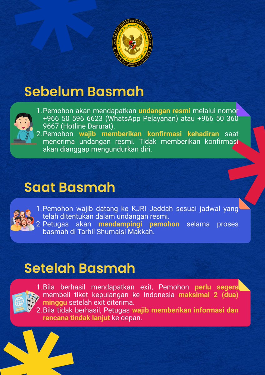 IndonesiaInJED's tweet photo. Pendampingan Exit Mandiri (Basmah) melalui KJRI Jeddah 🇮🇩🇸🇦

KJRI Jeddah menyediakan layanan pendampingan exit mandiri (Basmah) bagi WNI di Arab Saudi sebagai bagian dari upaya memberikan pelayanan dan perlindungan kepada WNI.

Bagi WNI yang memenuhi persyaratan, proses pendampingan dilakukan sesuai ketentuan yang berlaku, mulai dari pendaftaran, pemberian undangan resmi, pendampingan proses basmah di Tarhil Shumaisi Makkah, hingga informasi tindak lanjut setelah proses exit.

📌 Perlu diperhatikan: sejak 29 Juli 2026, berdasarkan kebijakan Gedung 34 Tarhil Shumaisi Makkah, proses exit di Tarhil Shumaisi hanya dapat dilakukan bagi WNA yang pertama kali masuk ke Arab Saudi melalui Jeddah. Bagi WNI dengan entry point di luar Jeddah, proses basmah dan exit harus dilakukan melalui kantor imigrasi/deportasi sesuai entry point masing-masing.

KJRI Jeddah tidak memungut biaya, tidak menunjuk, dan tidak merekomendasikan perantara dalam proses basmah.

Untuk informasi dan pendaftaran, masyarakat dapat menghubungi:
📱 WhatsApp Pelayanan KJRI Jeddah: +966 50 596 6623
🚨 Hotline Darurat: +966 50 360 9667
📍 Atau datang langsung ke Loket Peduli KJRI Jeddah.
Mari gunakan layanan resmi KJRI Jeddah dan waspada terhadap pihak yang menawarkan jasa dengan imbalan tertentu.
#KJRIJeddah #Basmah #ExitMandiri #PelindunganWNI #WNIArabSaudi #IndonesiaSaudiArabia #IndonesianConsulate