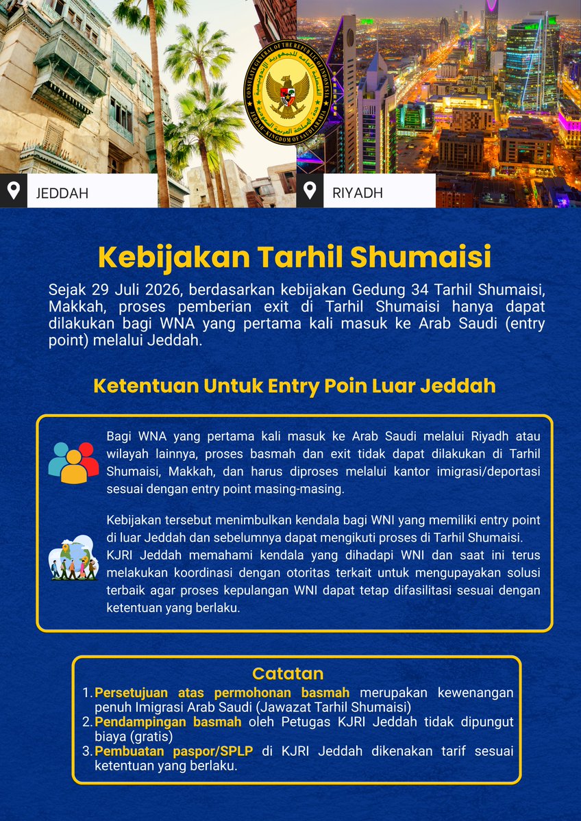 IndonesiaInJED's tweet photo. Pendampingan Exit Mandiri (Basmah) melalui KJRI Jeddah 🇮🇩🇸🇦

KJRI Jeddah menyediakan layanan pendampingan exit mandiri (Basmah) bagi WNI di Arab Saudi sebagai bagian dari upaya memberikan pelayanan dan perlindungan kepada WNI.

Bagi WNI yang memenuhi persyaratan, proses pendampingan dilakukan sesuai ketentuan yang berlaku, mulai dari pendaftaran, pemberian undangan resmi, pendampingan proses basmah di Tarhil Shumaisi Makkah, hingga informasi tindak lanjut setelah proses exit.

📌 Perlu diperhatikan: sejak 29 Juli 2026, berdasarkan kebijakan Gedung 34 Tarhil Shumaisi Makkah, proses exit di Tarhil Shumaisi hanya dapat dilakukan bagi WNA yang pertama kali masuk ke Arab Saudi melalui Jeddah. Bagi WNI dengan entry point di luar Jeddah, proses basmah dan exit harus dilakukan melalui kantor imigrasi/deportasi sesuai entry point masing-masing.

KJRI Jeddah tidak memungut biaya, tidak menunjuk, dan tidak merekomendasikan perantara dalam proses basmah.

Untuk informasi dan pendaftaran, masyarakat dapat menghubungi:
📱 WhatsApp Pelayanan KJRI Jeddah: +966 50 596 6623
🚨 Hotline Darurat: +966 50 360 9667
📍 Atau datang langsung ke Loket Peduli KJRI Jeddah.
Mari gunakan layanan resmi KJRI Jeddah dan waspada terhadap pihak yang menawarkan jasa dengan imbalan tertentu.
#KJRIJeddah #Basmah #ExitMandiri #PelindunganWNI #WNIArabSaudi #IndonesiaSaudiArabia #IndonesianConsulate