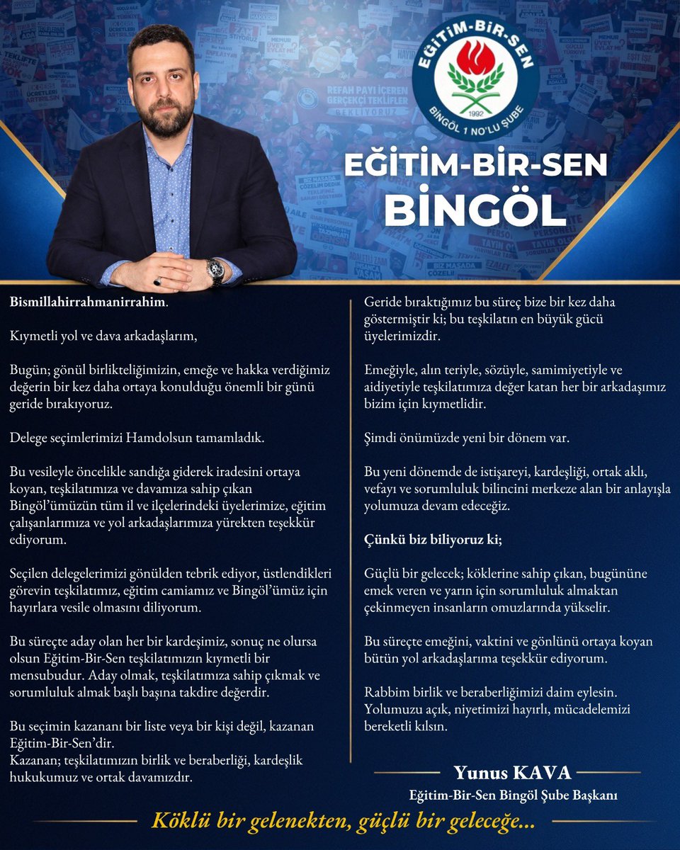 YunusKava's tweet photo. Kıymetli yol ve dava arkadaşlarım,

Bugün; gönül birlikteliğimizin, emeğe ve hakka verdiğimiz değerin bir kez daha ortaya konulduğu önemli bir günü geride bırakıyoruz.

Delege seçimlerimizi Hamdolsun tamamladık. https://t.co/yRyApMz2tT