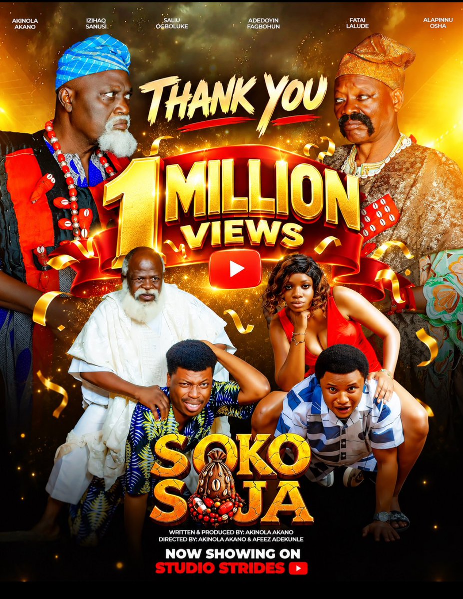 segbowe's tweet photo. About four months ago, I shared my intention to write yet another great comedy after KNOCKDOWN and AJE NIYA MI. I wanted to infuse drama into comedy. That idea became SOKO SOJA.

Four months later, I released PART 1 of this MASTERPIECE and within 8 DAYS, over ONE MILLION AMAZING PEOPLE (YOU) have watched it.

Honestly, I don’t take this for granted.

To everyone who watched, shared, recommended, reviewed, celebrated, or simply told someone, ‘Go and watch SOKO SOJA’, Thank You.

You gave my story your time and that means more to me than I can put into words. Indeed, dreams do come true. 

I really don’t do much. I merely hold the pen, and by His benevolent Grace, God fills the pages.

SOKO SOJA PART 2 will be showing from 1st of October, 2026 only on Studio Strides YT. My birthday is 4th of October. It is safe to say SOKO SOJA is my birthday celebration with you all. Please gift me back by watching, sharing, recommending and subscribing…
Love,
Akinola Emmanuel Akano (D’Gifted)
Segbowe