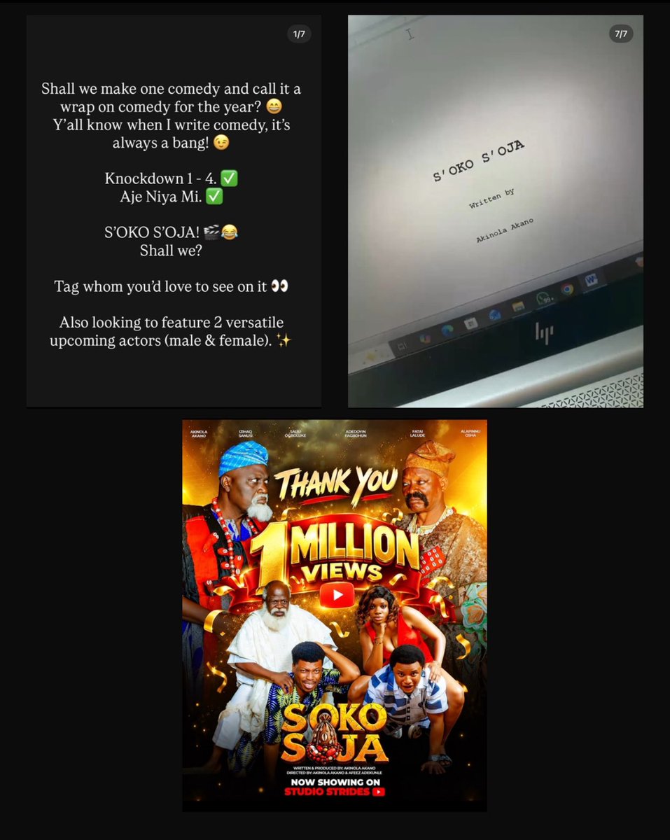 segbowe's tweet photo. About four months ago, I shared my intention to write yet another great comedy after KNOCKDOWN and AJE NIYA MI. I wanted to infuse drama into comedy. That idea became SOKO SOJA.

Four months later, I released PART 1 of this MASTERPIECE and within 8 DAYS, over ONE MILLION AMAZING PEOPLE (YOU) have watched it.

Honestly, I don’t take this for granted.

To everyone who watched, shared, recommended, reviewed, celebrated, or simply told someone, ‘Go and watch SOKO SOJA’, Thank You.

You gave my story your time and that means more to me than I can put into words. Indeed, dreams do come true. 

I really don’t do much. I merely hold the pen, and by His benevolent Grace, God fills the pages.

SOKO SOJA PART 2 will be showing from 1st of October, 2026 only on Studio Strides YT. My birthday is 4th of October. It is safe to say SOKO SOJA is my birthday celebration with you all. Please gift me back by watching, sharing, recommending and subscribing…
Love,
Akinola Emmanuel Akano (D’Gifted)
Segbowe