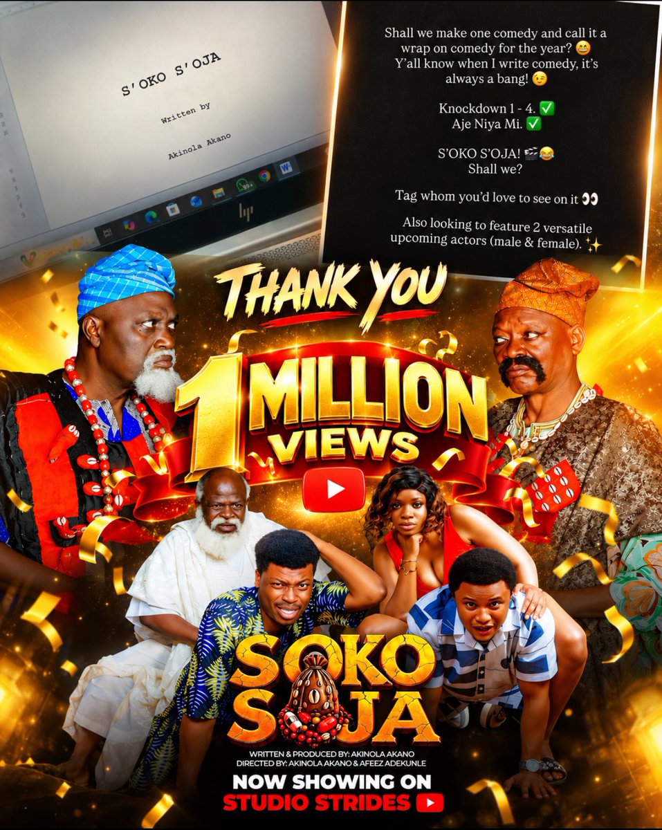 segbowe's tweet photo. About four months ago, I shared my intention to write yet another great comedy after KNOCKDOWN and AJE NIYA MI. I wanted to infuse drama into comedy. That idea became SOKO SOJA.

Four months later, I released PART 1 of this MASTERPIECE and within 8 DAYS, over ONE MILLION AMAZING PEOPLE (YOU) have watched it.

Honestly, I don’t take this for granted.

To everyone who watched, shared, recommended, reviewed, celebrated, or simply told someone, ‘Go and watch SOKO SOJA’, Thank You.

You gave my story your time and that means more to me than I can put into words. Indeed, dreams do come true. 

I really don’t do much. I merely hold the pen, and by His benevolent Grace, God fills the pages.

SOKO SOJA PART 2 will be showing from 1st of October, 2026 only on Studio Strides YT. My birthday is 4th of October. It is safe to say SOKO SOJA is my birthday celebration with you all. Please gift me back by watching, sharing, recommending and subscribing…
Love,
Akinola Emmanuel Akano (D’Gifted)
Segbowe