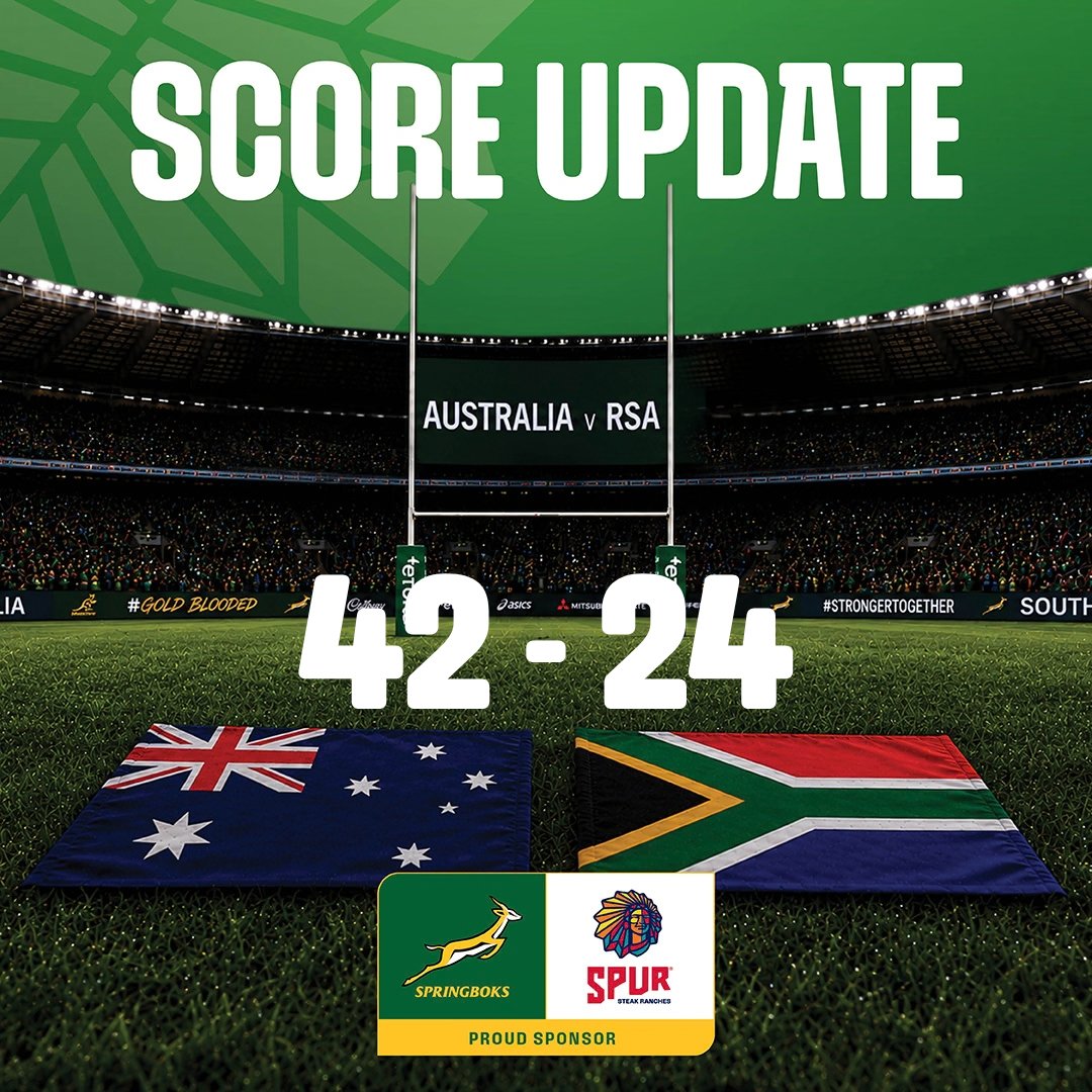 SpurRestaurant's tweet photo. LATE FIGHTBACK FROM THE BOKKE! 🇿🇦🏉 The boys keep digging deep right until the final whistle!

Just under 8 minutes to go: 🇦🇺 AUS 42 - 24 SA 🇿🇦
No giving up, Mzansi! Send your support for this final stretch! 🟢💛💪

#AUSvSA #BringingPeopleTogether #SpurXSpringboks https://t.co/gIYHTfvhba