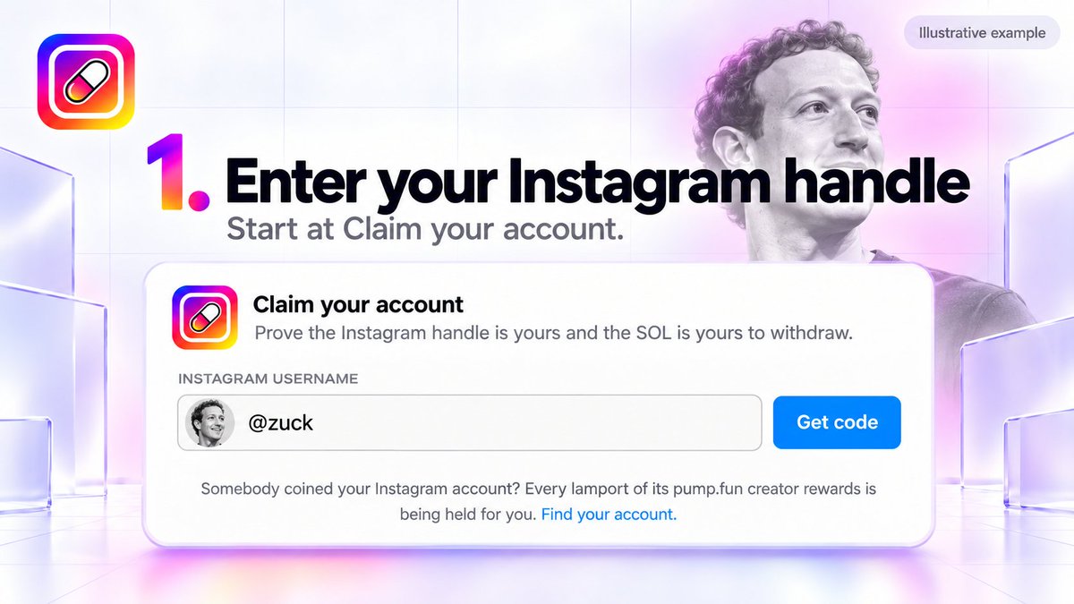 pumpgramsocial's tweet photo. someone coined your instagram? the SOL is already yours. here's how you take it — 5 steps, no signup, nothing to install. 🧵

1. enter your instagram handle

go to https://t.co/kDbCve1q5Z → "claim your account" and type your @handle. that's the whole identity — no email, no password, no wallet yet.

if someone launched a coin on your account, its creator rewards have been piling up here waiting for you.