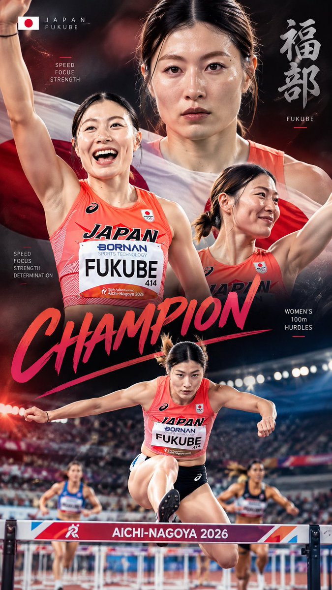 ahmadn690's tweet photo. 🇯🇵 #FUKUBE..  بطلة الحواجز اليابانية! 🏆🔥
سرعة، تركيز وإصرار حتى خط النهاية. أداء قوي في سباق 100م حواجز تُوّج بالذهب في Aichi–Nagoya 2026. 🥇

Speed. Focus. Champion. 🇯🇵🔥

🇯🇵 FUKUBE — Japan’s hurdles champion! 🏆🔥
Speed, focus, and determination all the way to the finish line. A brilliant performance in the Women’s 100m Hurdles, crowned with gold at Aichi–Nagoya 2026. 🥇🇯🇵

Speed. Focus. Determination. Champion. 🏃‍♀️🔥