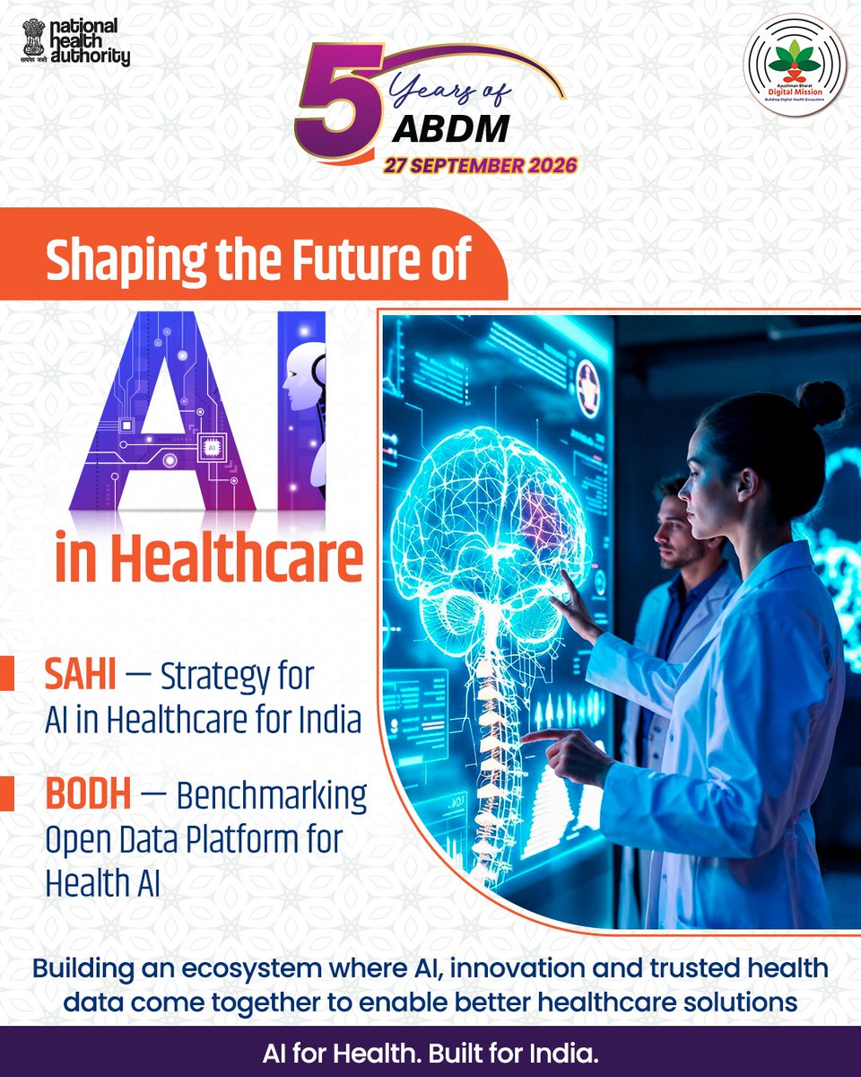 AyushmanNHA's tweet photo. #5YearsOfABDM
India’s health AI ecosystem is taking shape. 🇮🇳
Through SAHI and BODH, ABDM is fostering innovation, benchmarking and responsible use of AI to explore new possibilities in healthcare.
Visit: https://t.co/sXMIRPfshz to know more
#ABDM #AIHealth https://t.co/NTHtSVQqMA